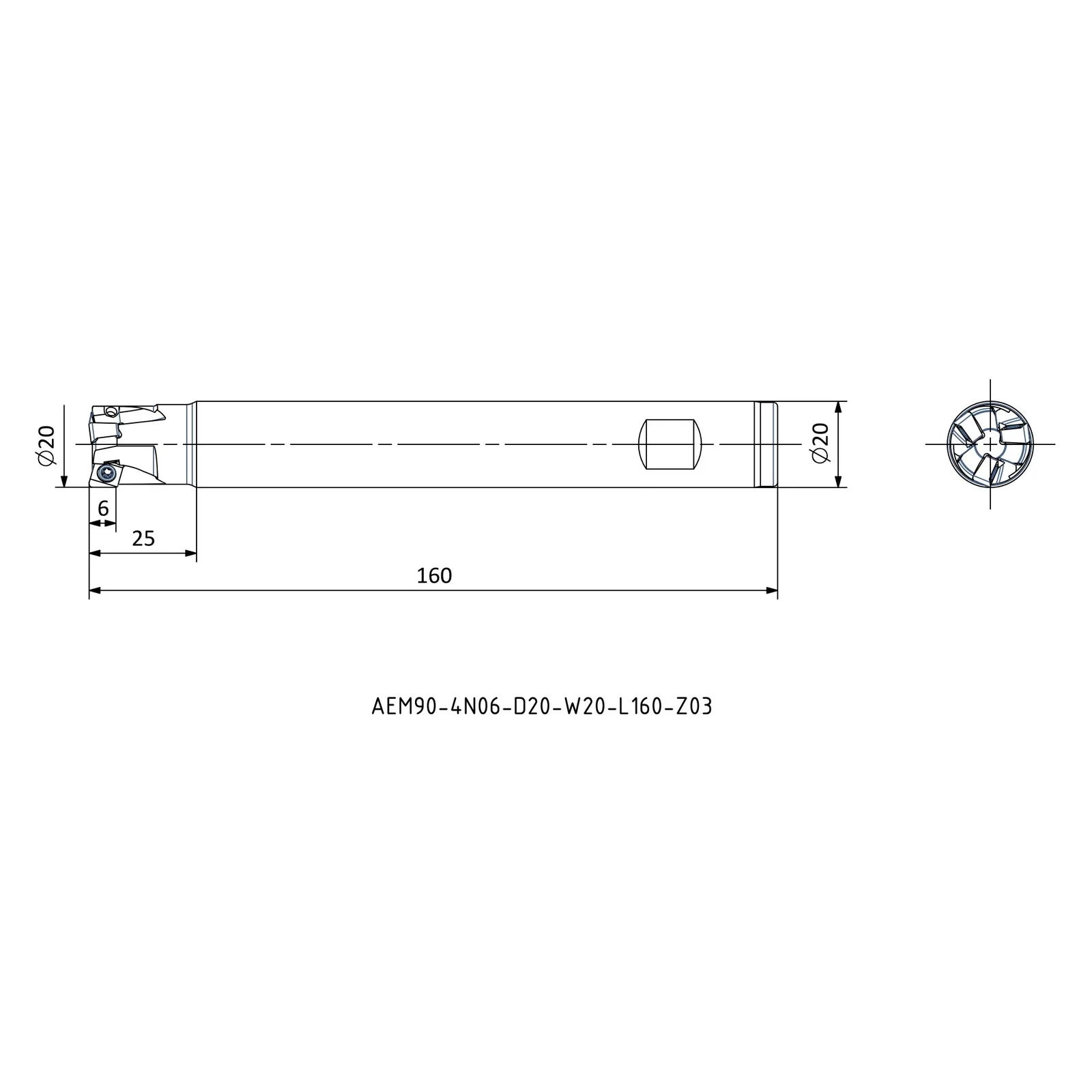 AEM90-4N06-D20-W20-L160-Z03 &mdash; dimensioned drawing