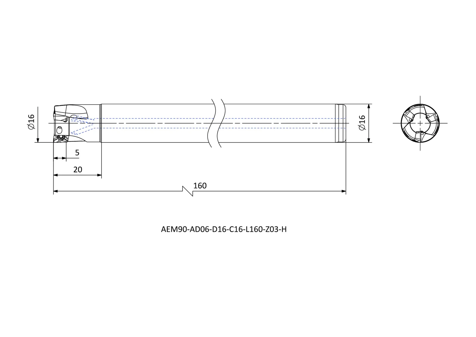 AEM90-AD06-D16-C16-L160-Z03-H &mdash; dimensioned drawing
