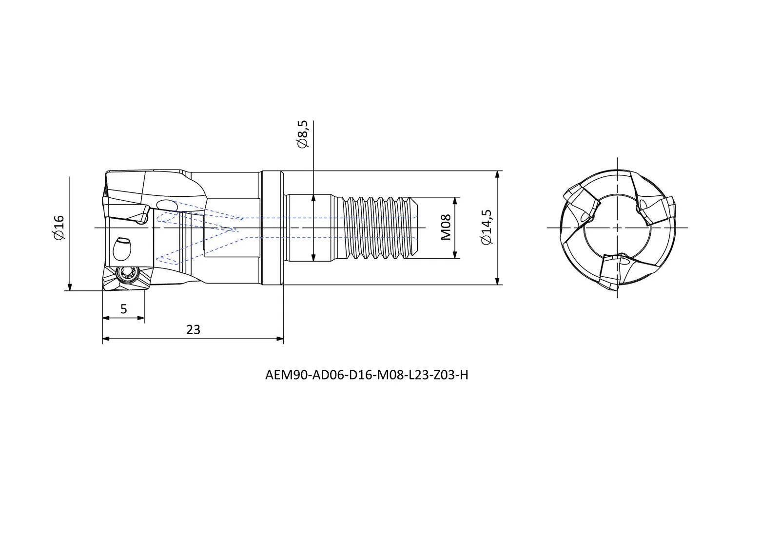 AEM90-AD06-D16-M08-L23-Z03-H &mdash; dimensioned drawing
