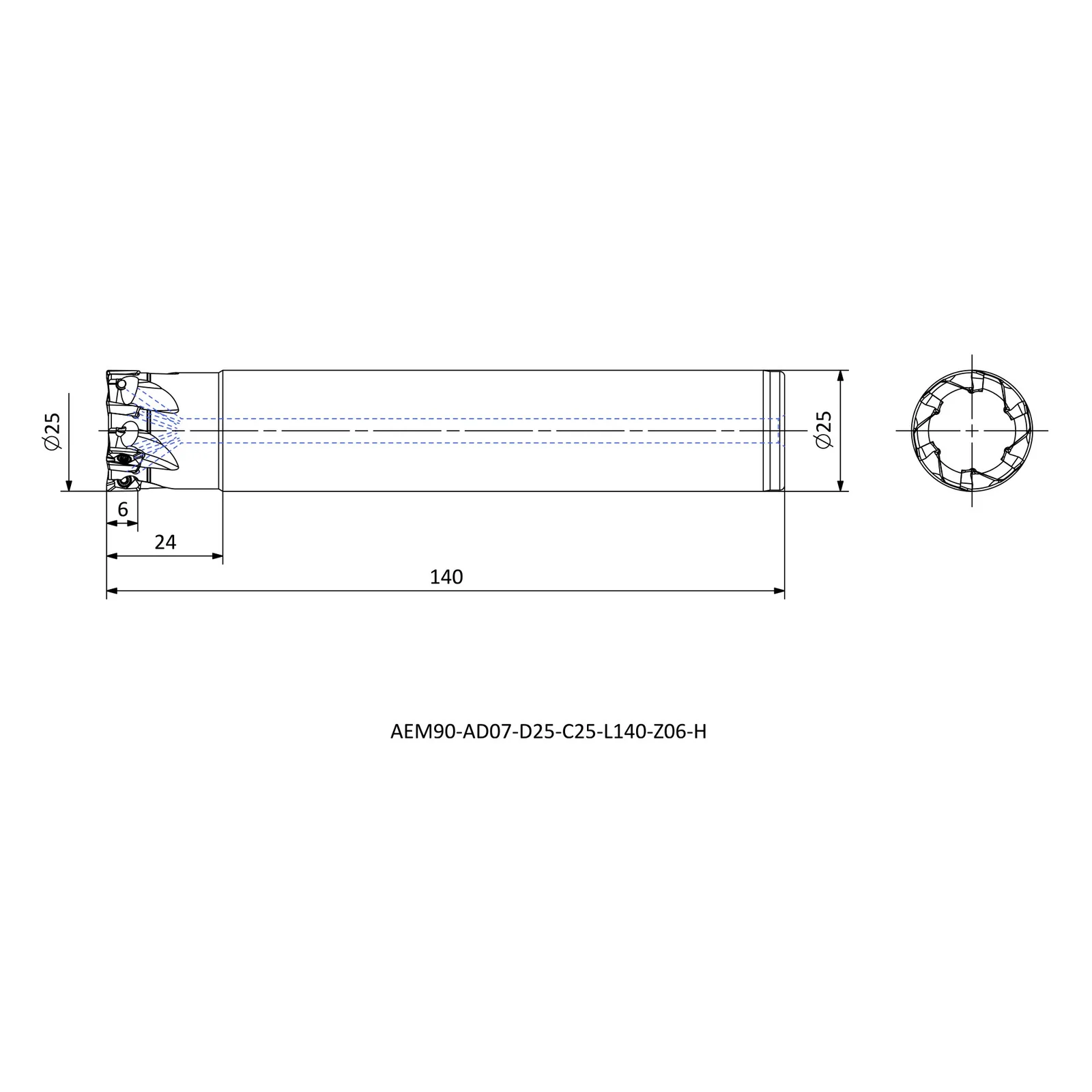 AEM90-AD07-D25-C25-L140-Z06-H &mdash; dimensioned drawing