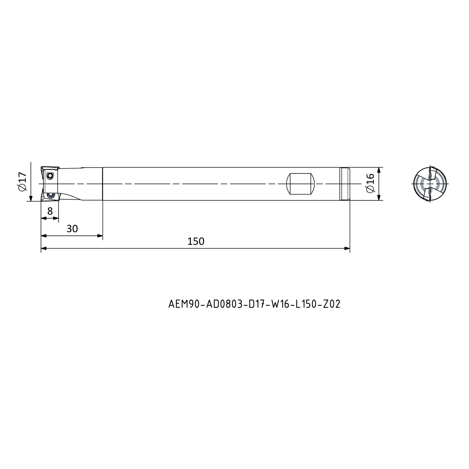 AEM90-AD0803-D17-W16-L150-Z02 &mdash; dimensioned drawing