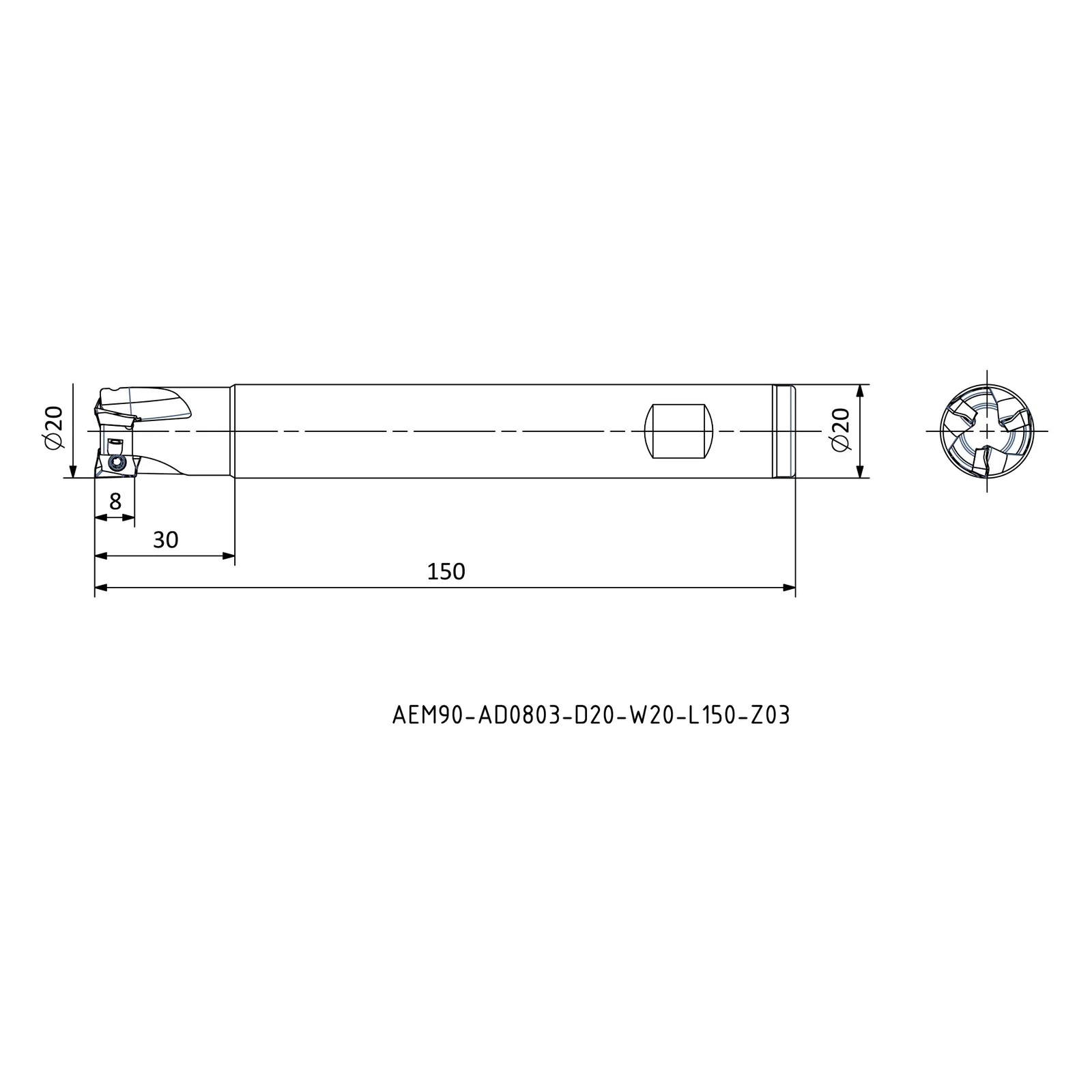 AEM90-AD0803-D20-W20-L150-Z03 &mdash; dimensioned drawing