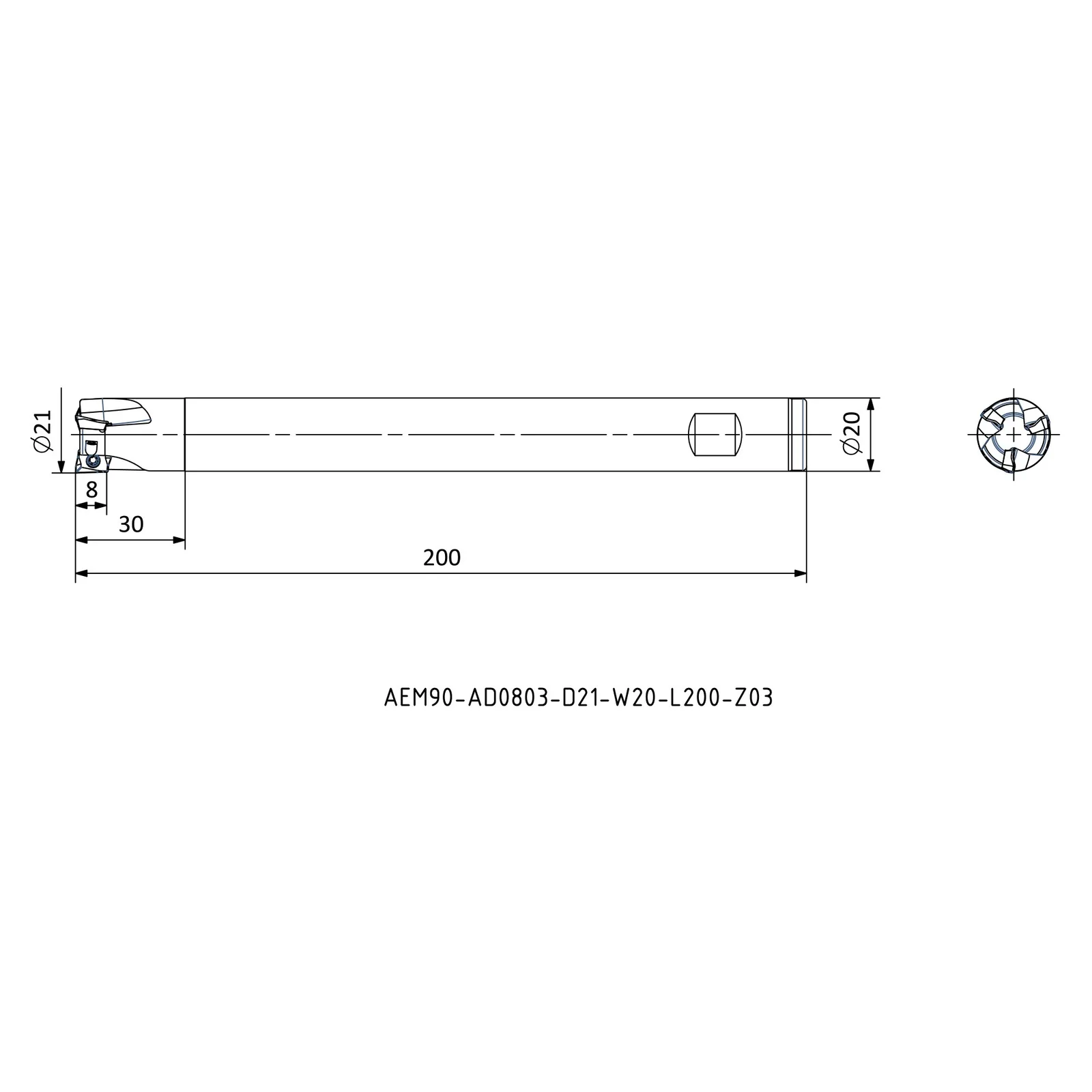 AEM90-AD0803-D21-W20-L200-Z03 &mdash; dimensioned drawing