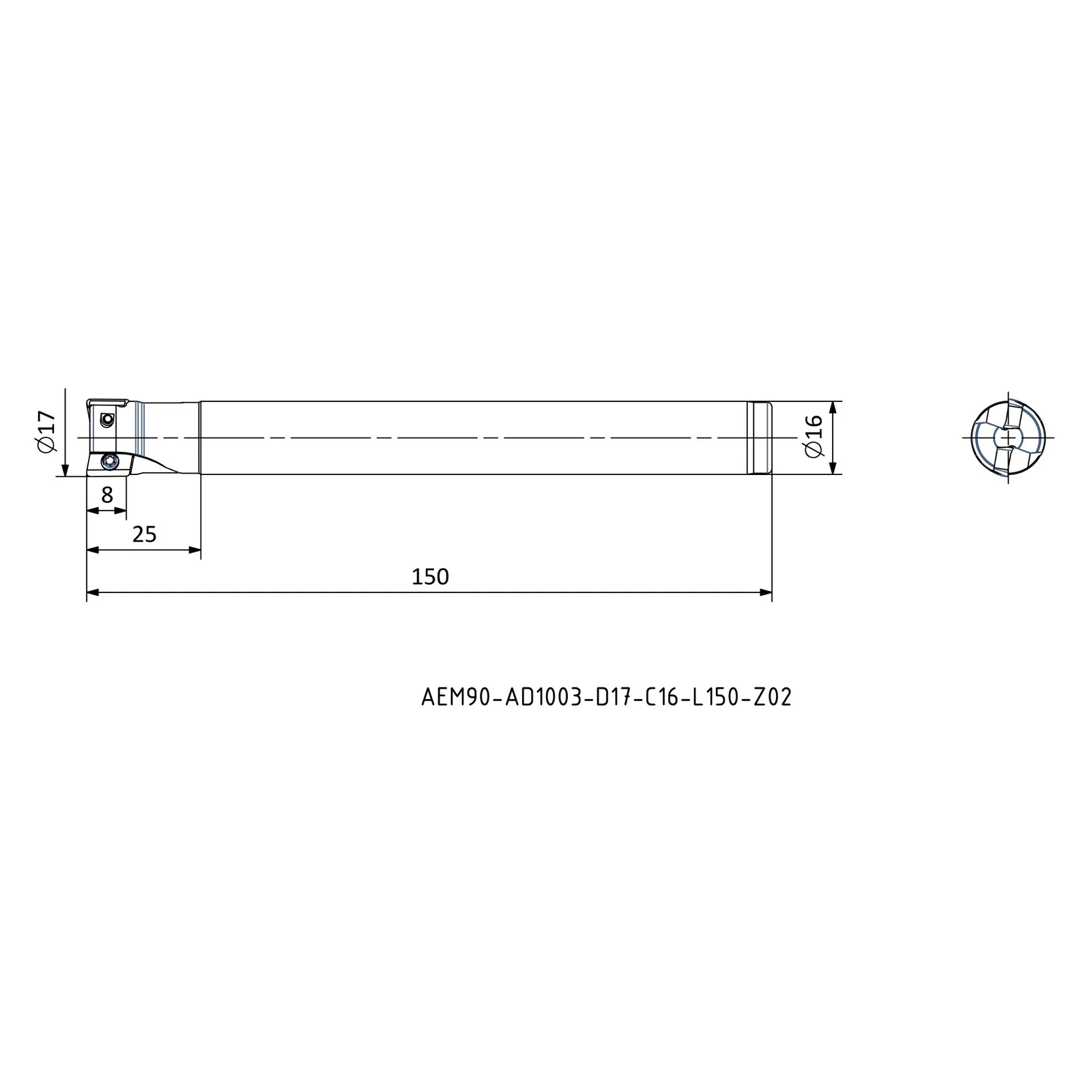 AEM90-AD1003-D17-C16-L150-Z02 &mdash; dimensioned drawing