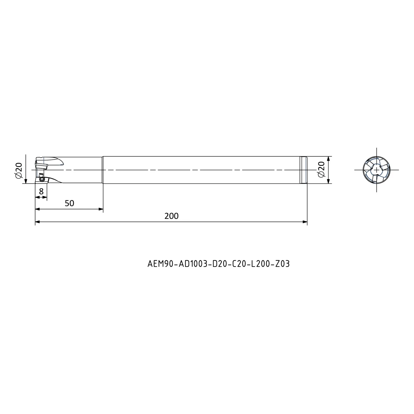 AEM90-AD1003-D20-C20-L200-Z03 &mdash; dimensioned drawing