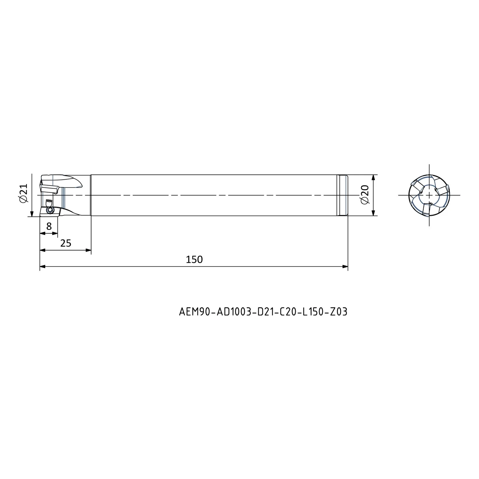 AEM90-AD1003-D21-C20-L150-Z03 &mdash; dimensioned drawing