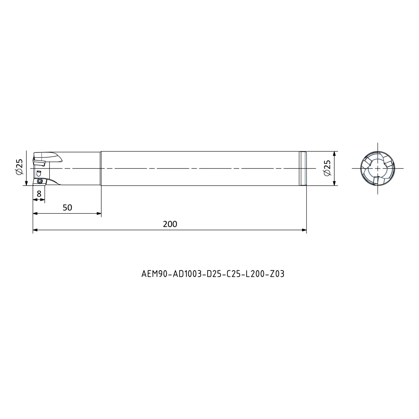 AEM90-AD1003-D25-C25-L200-Z03 &mdash; dimensioned drawing