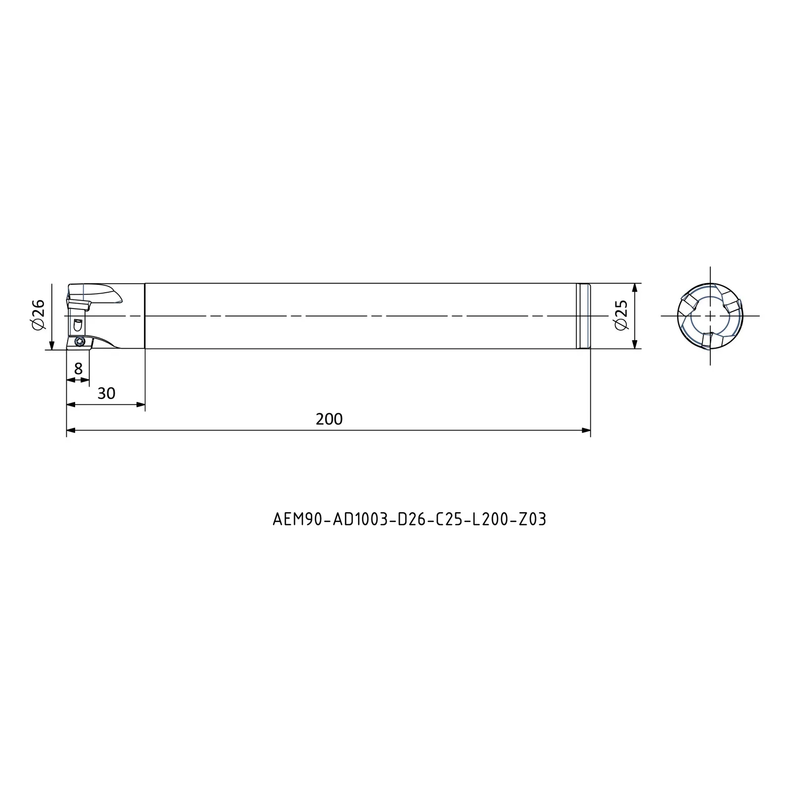 AEM90-AD1003-D26-C25-L200-Z03 &mdash; dimensioned drawing