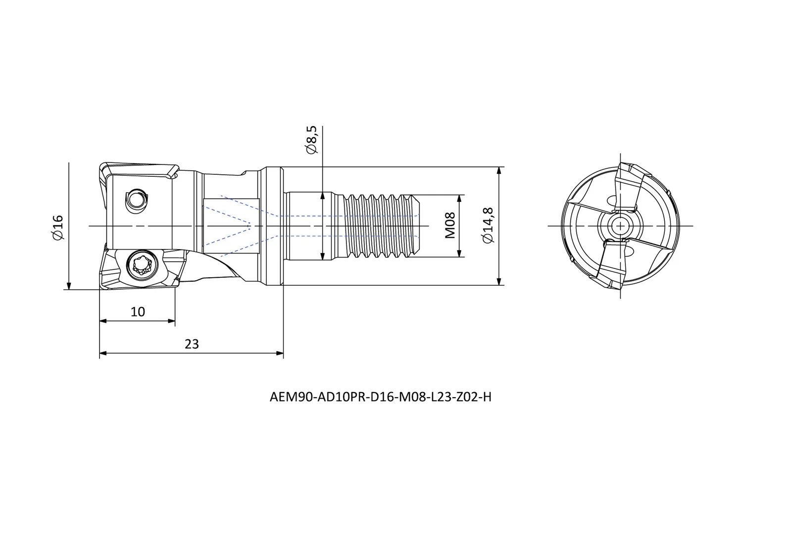 AEM90-AD10PR-D16-M08-L23-Z02-H &mdash; dimensioned drawing