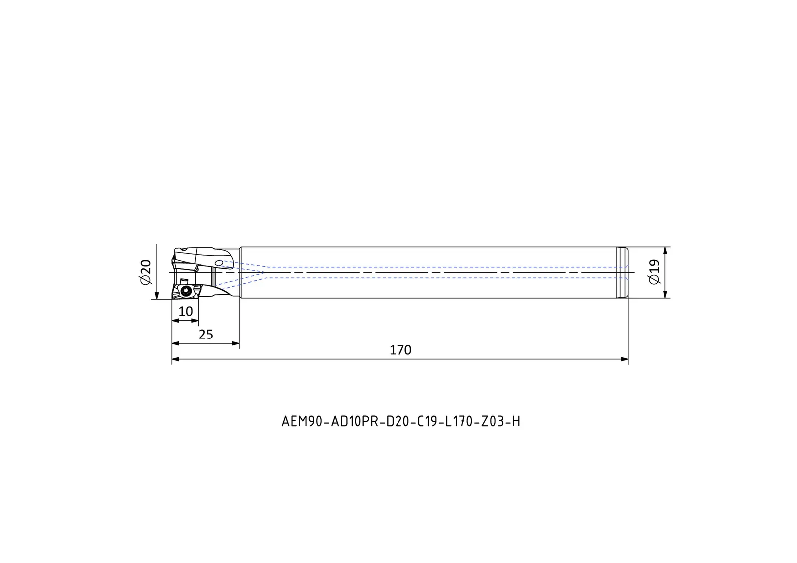 AEM90-AD10PR-D20-C19-L170-Z03-H &mdash; dimensioned drawing