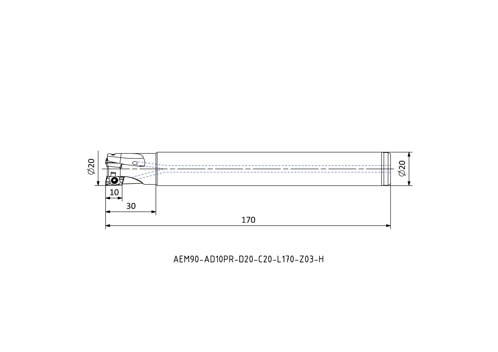 AEM90-AD10PR-D20-C20-L170-Z03-H &mdash; dimensioned drawing