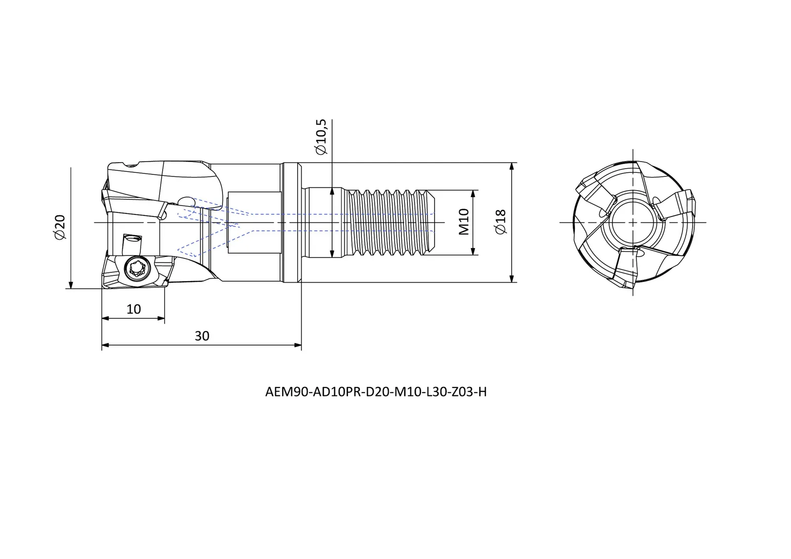 AEM90-AD10PR-D20-M10-L30-Z03-H &mdash; dimensioned drawing