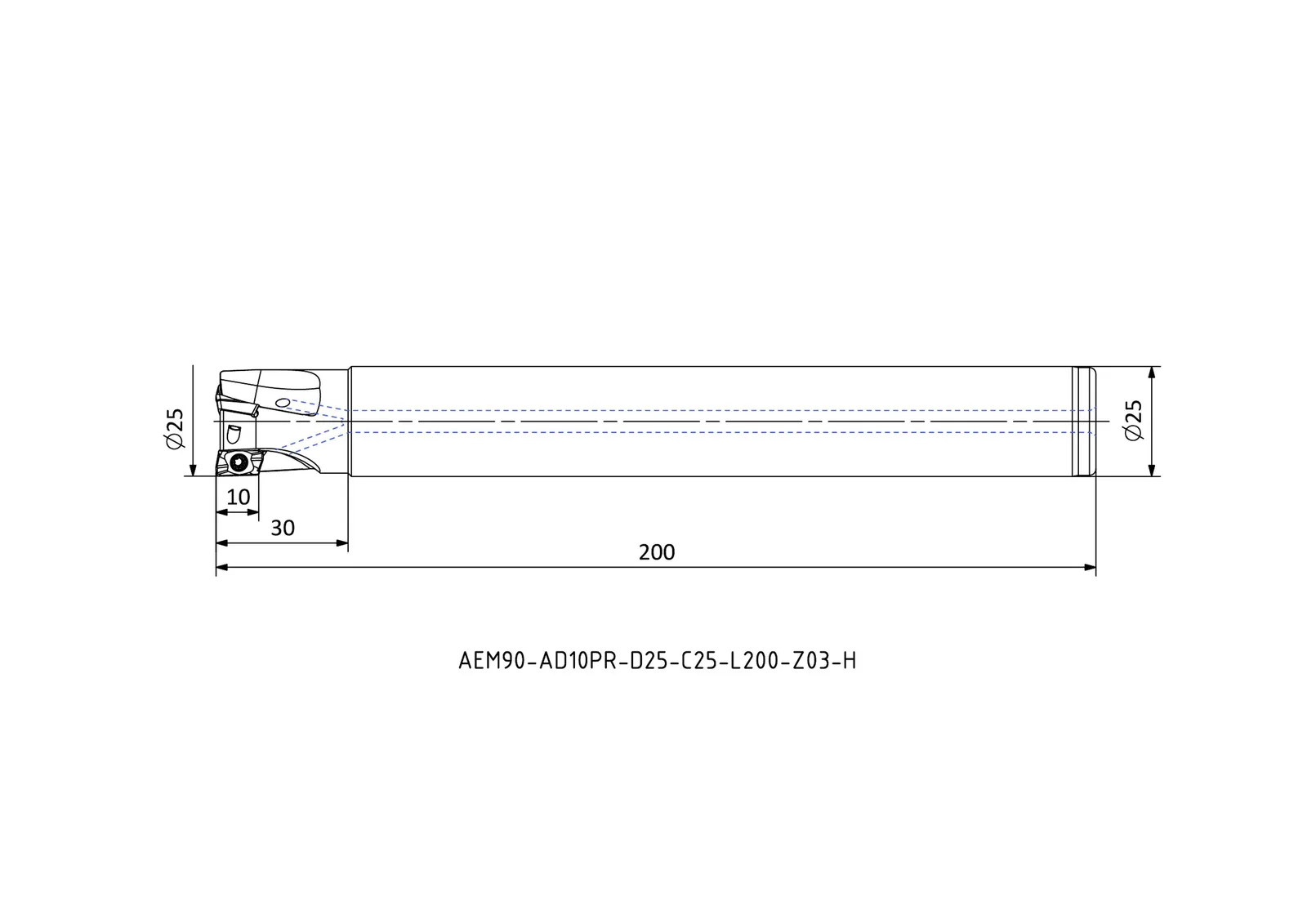 AEM90-AD10PR-D25-C25-L200-Z03-H &mdash; dimensioned drawing