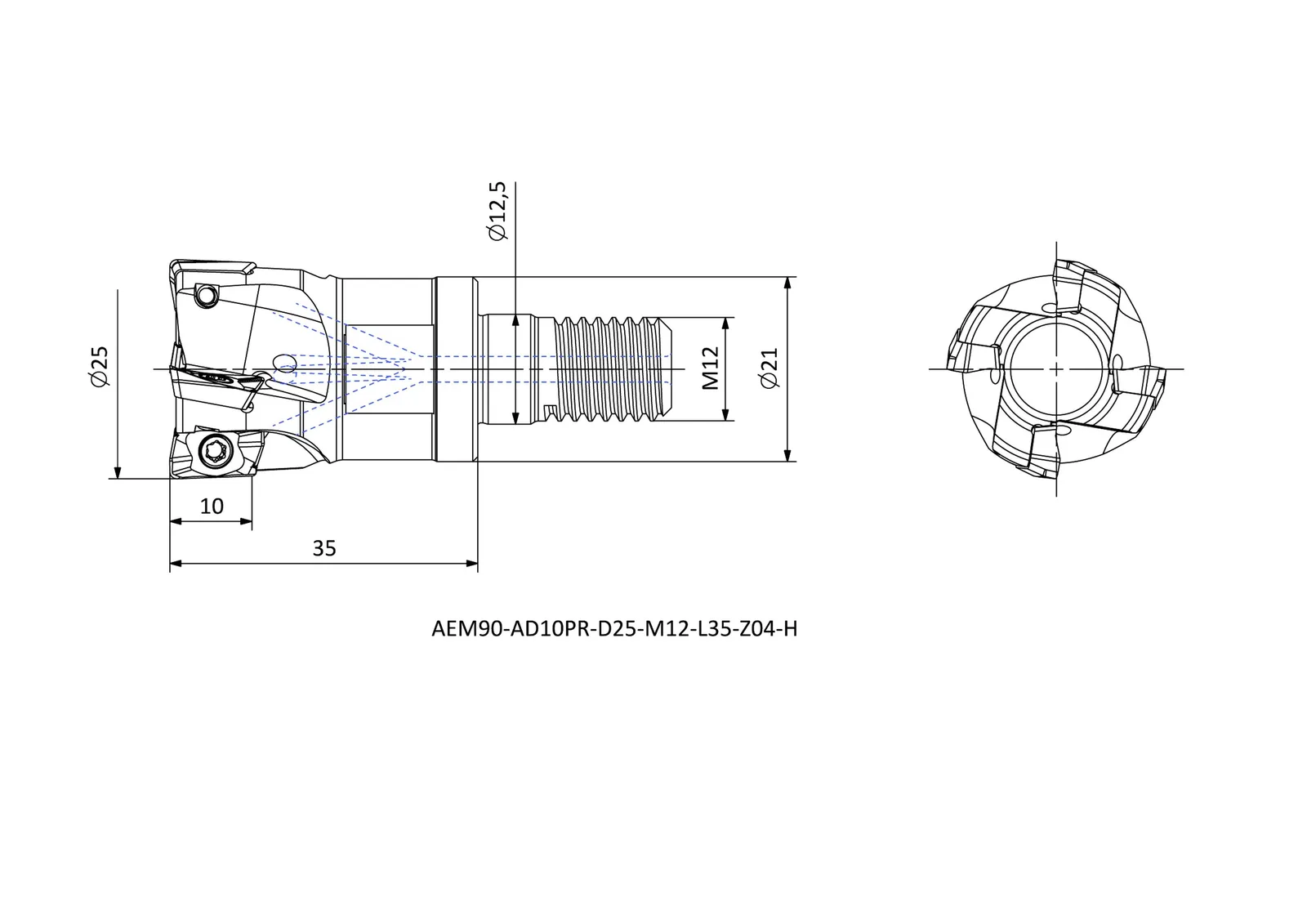AEM90-AD10PR-D25-M12-L35-Z04-H &mdash; dimensioned drawing