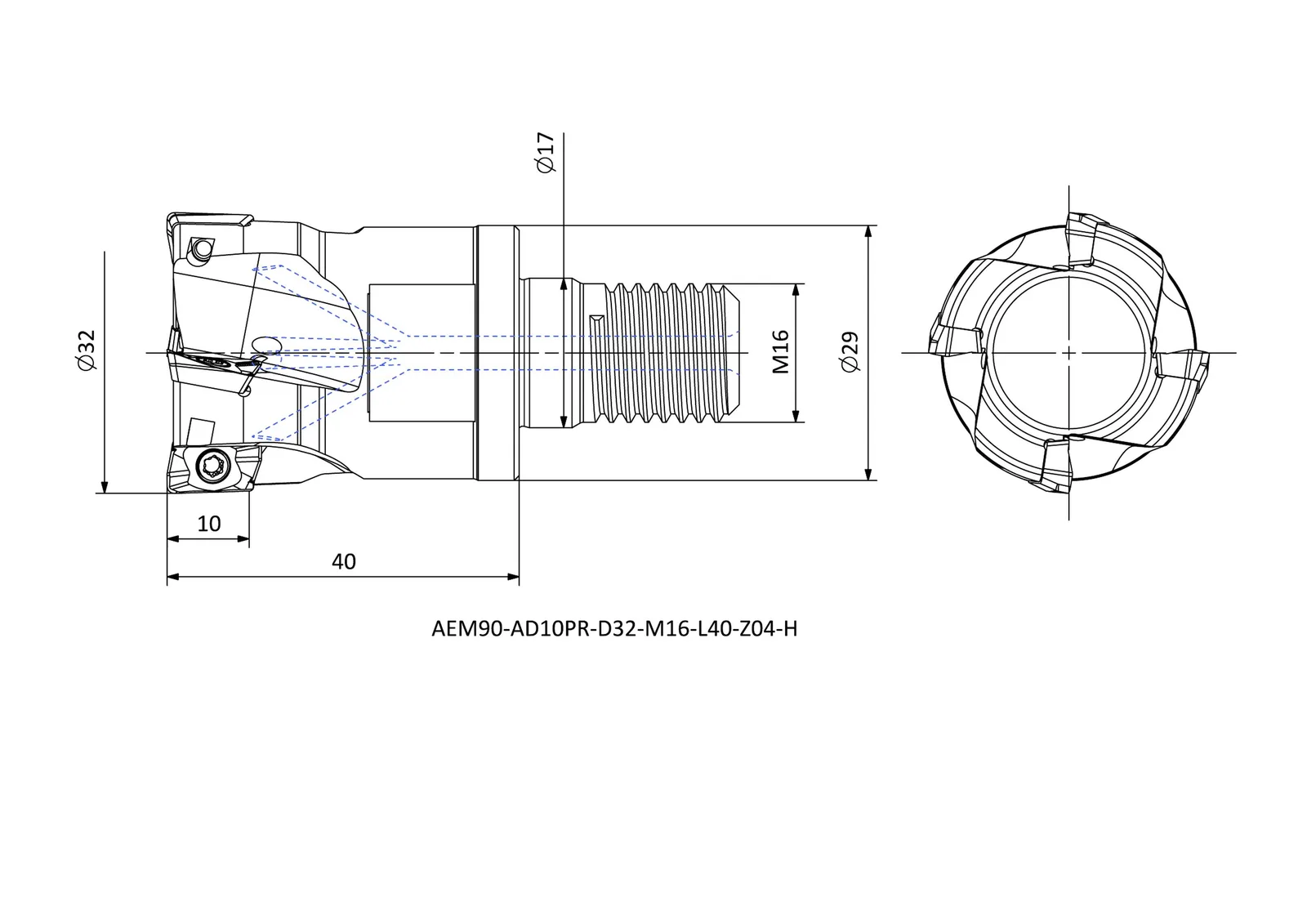 AEM90-AD10PR-D32-M16-L40-Z04-H &mdash; dimensioned drawing