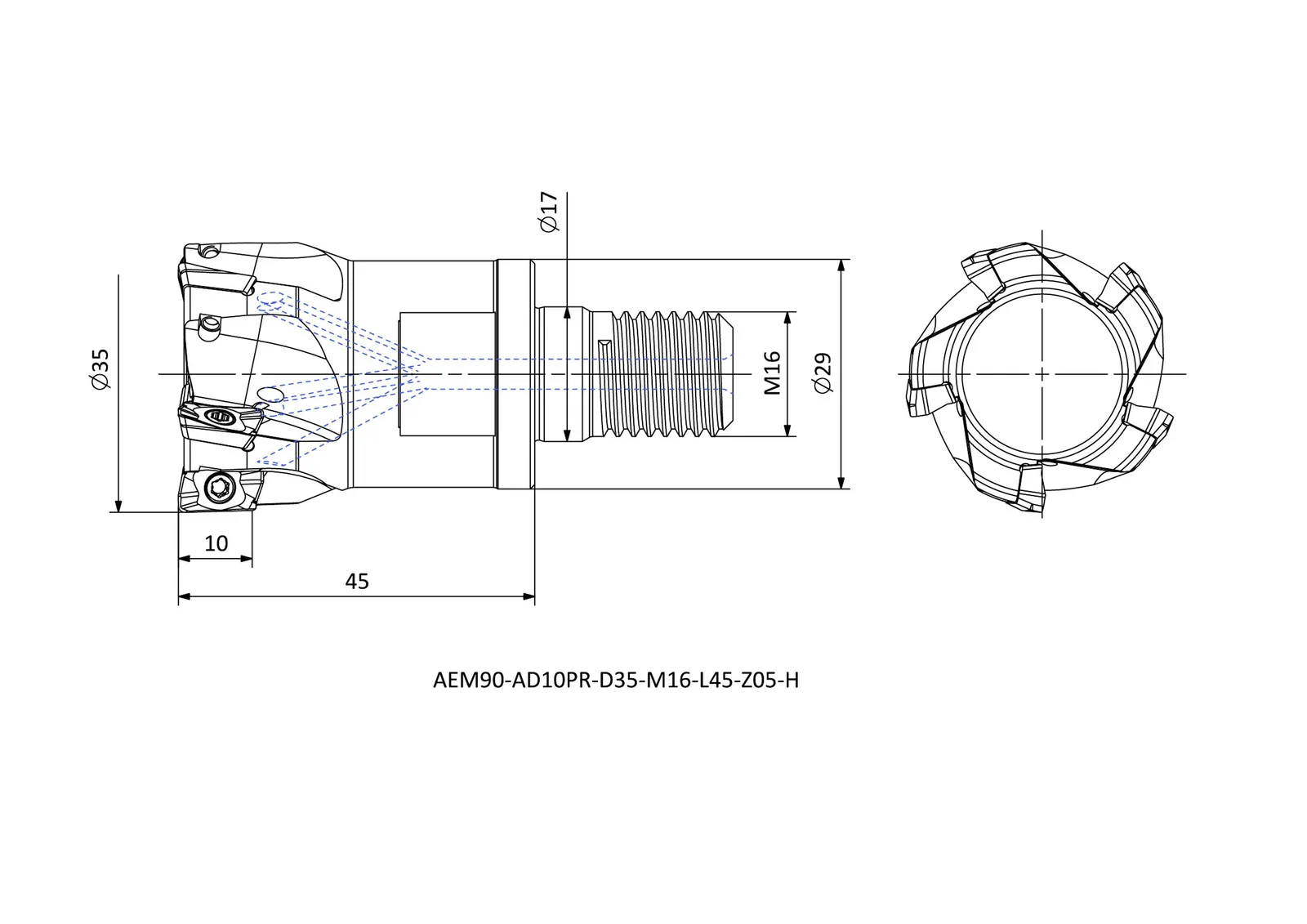 AEM90-AD10PR-D35-M16-L45-Z05-H &mdash; dimensioned drawing