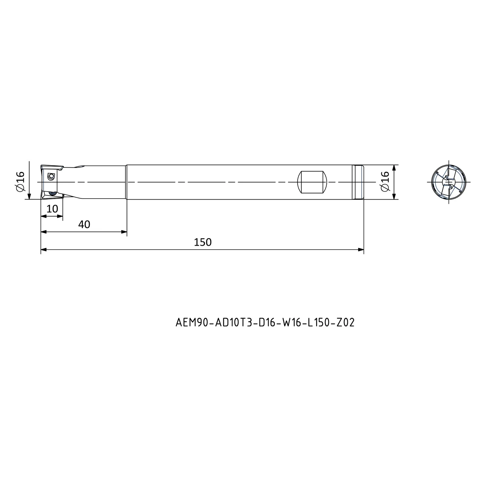 AEM90-AD10T3-D16-W16-L150-Z02 &mdash; dimensioned drawing
