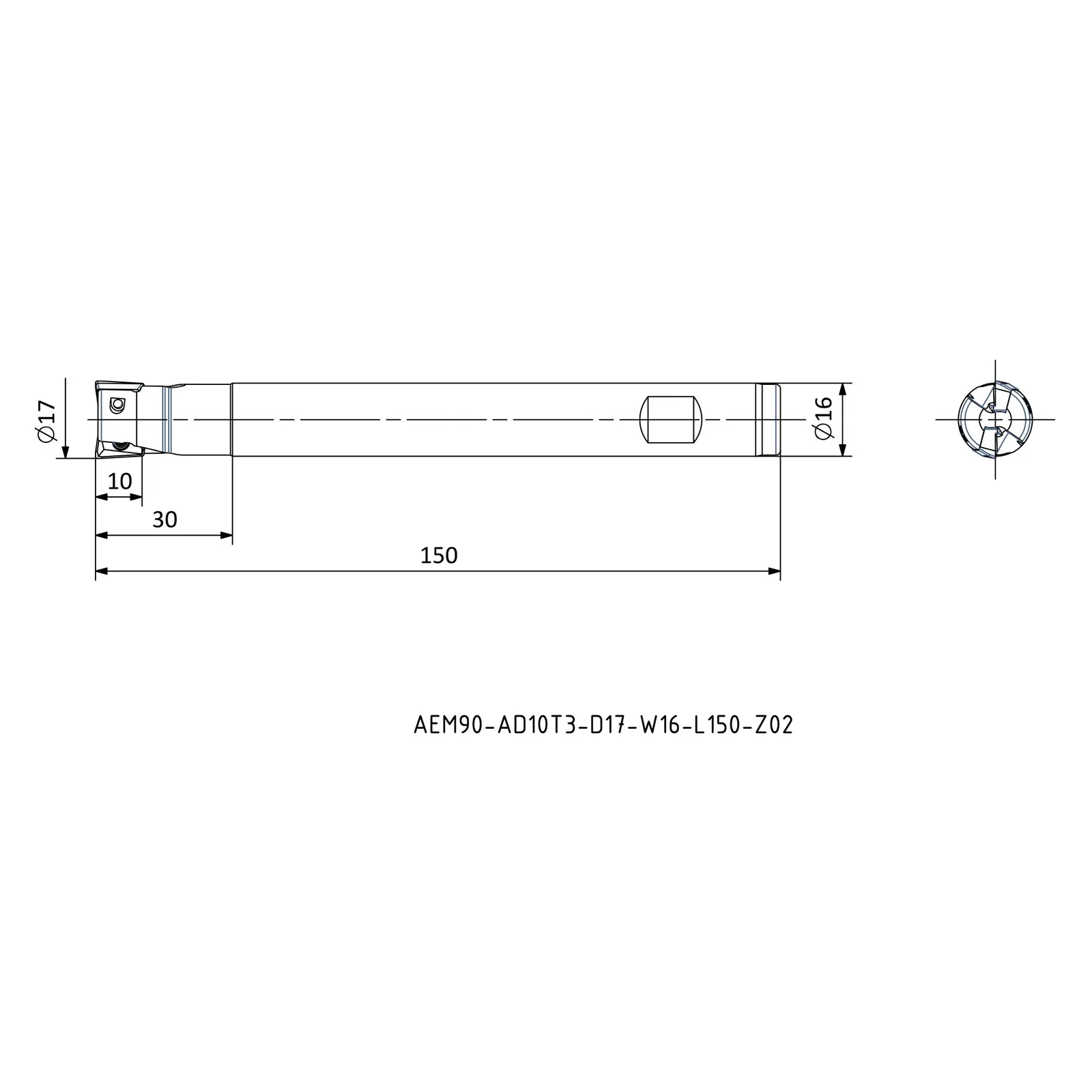 AEM90-AD10T3-D17-W16-L150-Z02 &mdash; dimensioned drawing