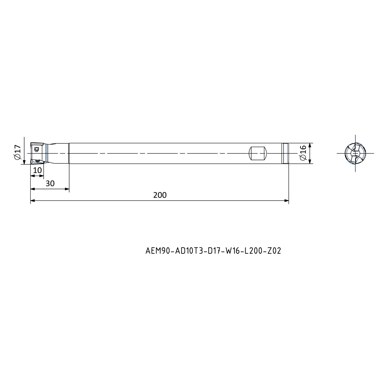 AEM90-AD10T3-D17-W16-L200-Z02 &mdash; dimensioned drawing