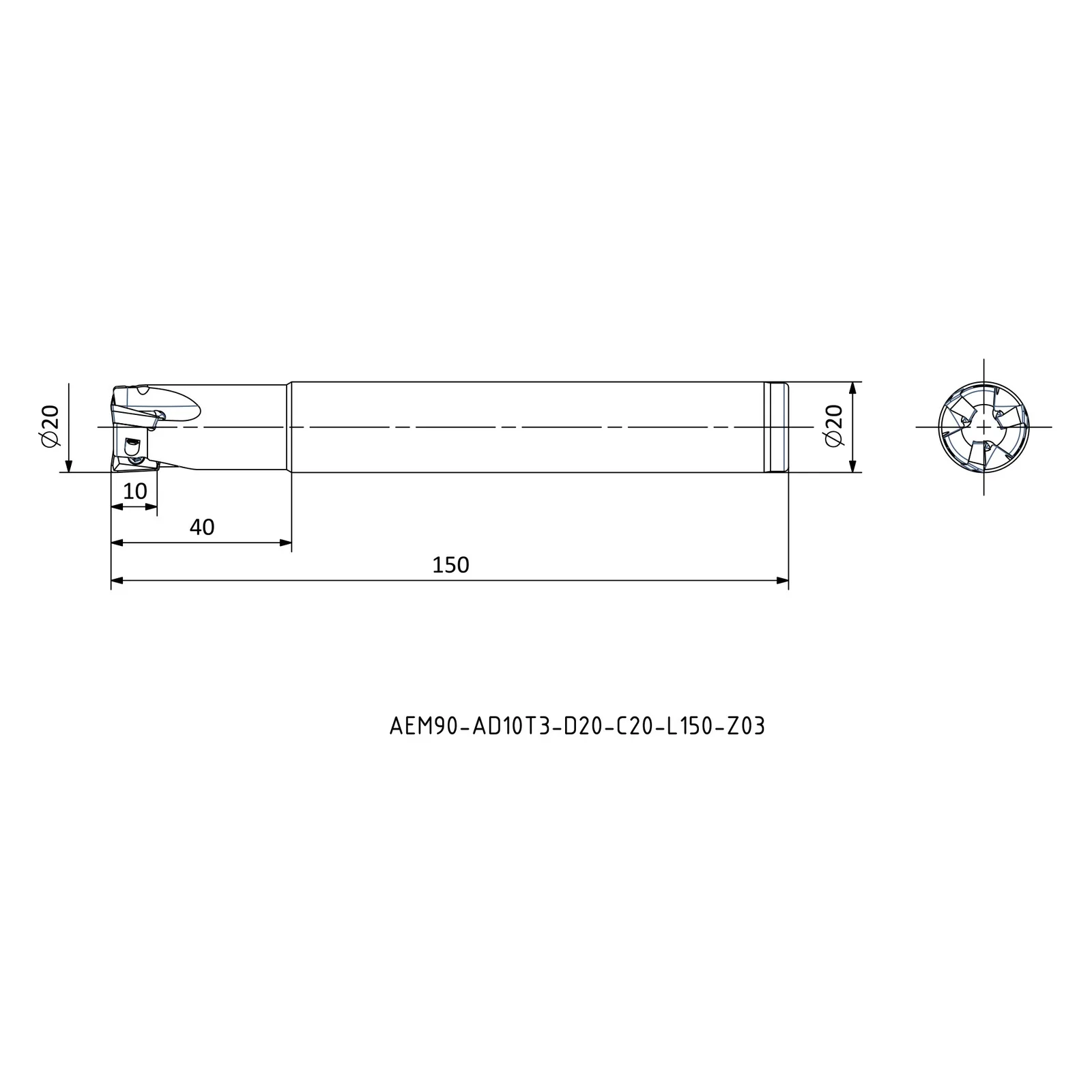 AEM90-AD10T3-D20-C20-L150-Z03 &mdash; dimensioned drawing