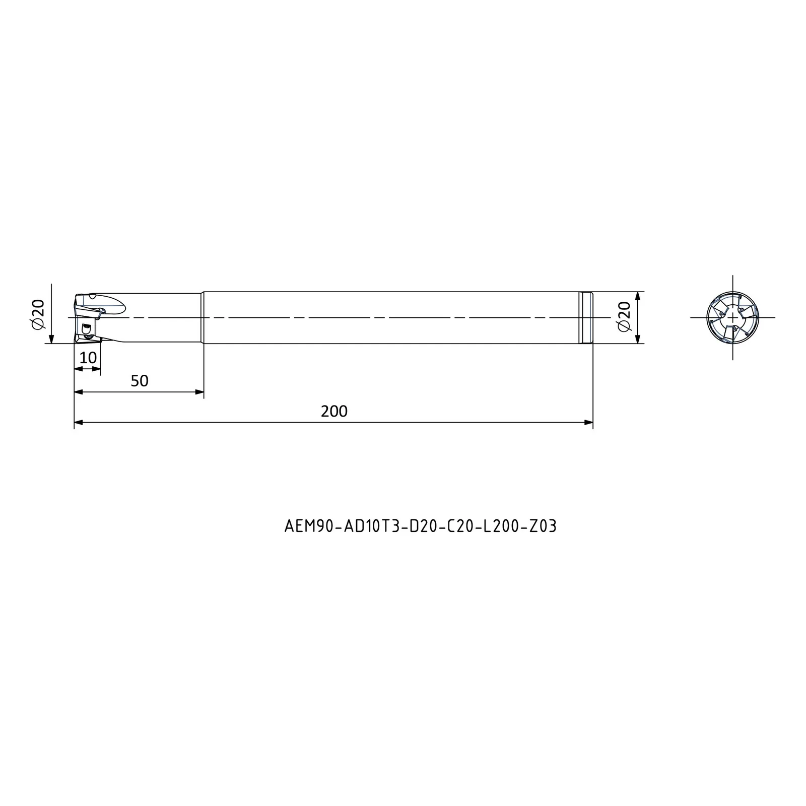 AEM90-AD10T3-D20-C20-L200-Z03 &mdash; dimensioned drawing