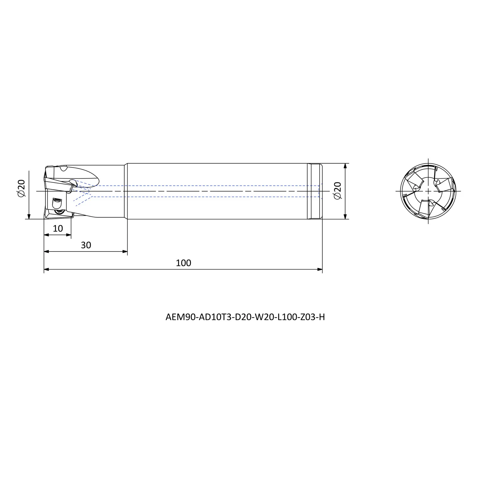 AEM90-AD10T3-D20-W20-L100-Z03-H &mdash; dimensioned drawing