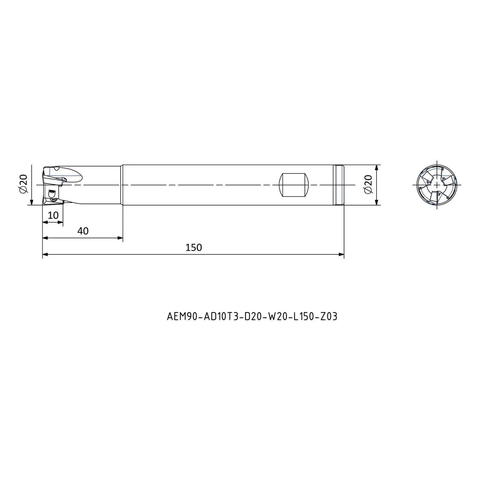 AEM90-AD10T3-D20-W20-L150-Z03 &mdash; dimensioned drawing