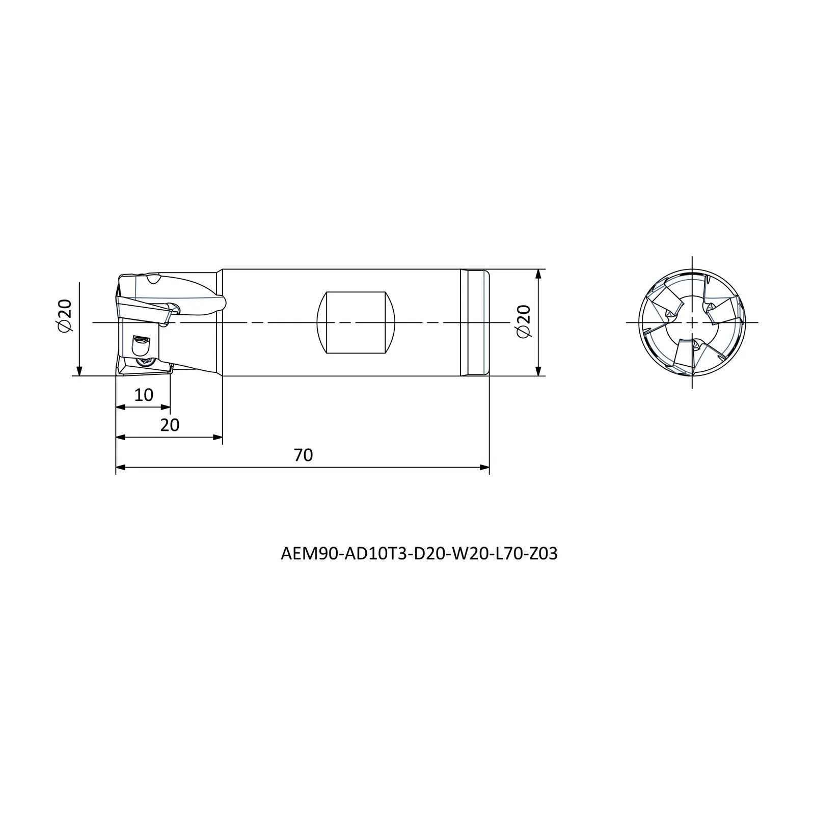 AEM90-AD10T3-D20-W20-L70-Z03 &mdash; dimensioned drawing