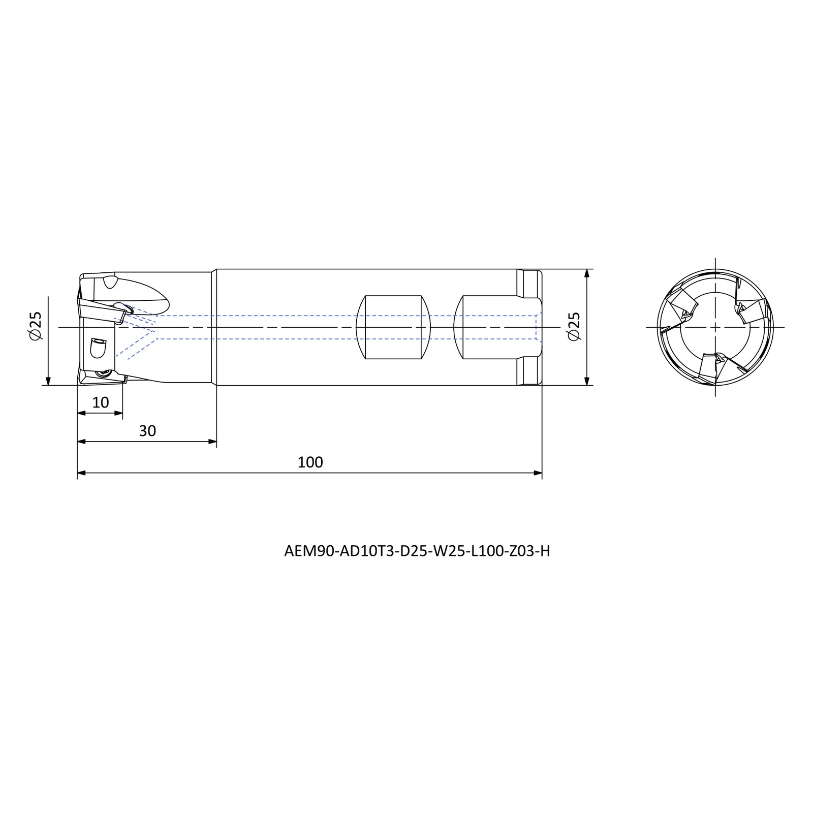 AEM90-AD10T3-D25-W25-L100-Z03-H &mdash; dimensioned drawing