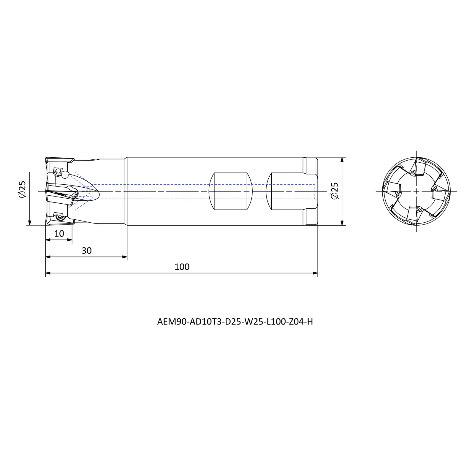 AEM90-AD10T3-D25-W25-L100-Z04-H &mdash; dimensioned drawing