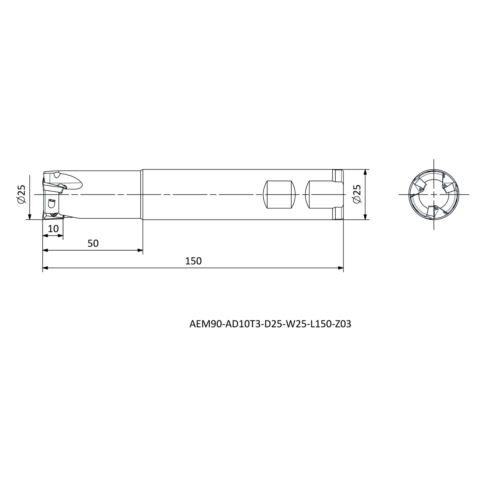 AEM90-AD10T3-D25-W25-L150-Z03 &mdash; dimensioned drawing