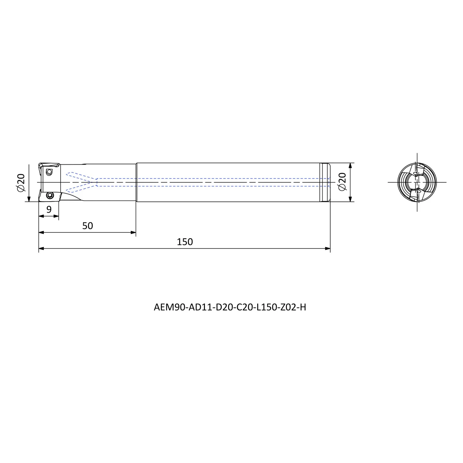 AEM90-AD11-D20-C20-L150-Z02-H &mdash; dimensioned drawing