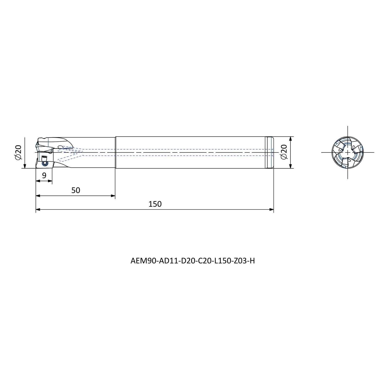 AEM90-AD11-D20-C20-L150-Z03-H &mdash; dimensioned drawing