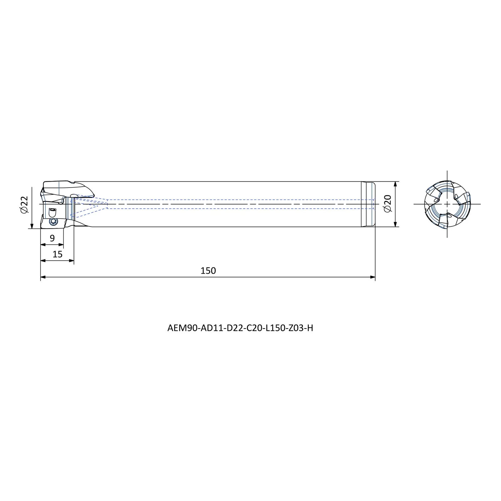 AEM90-AD11-D22-C20-L150-Z03-H &mdash; dimensioned drawing