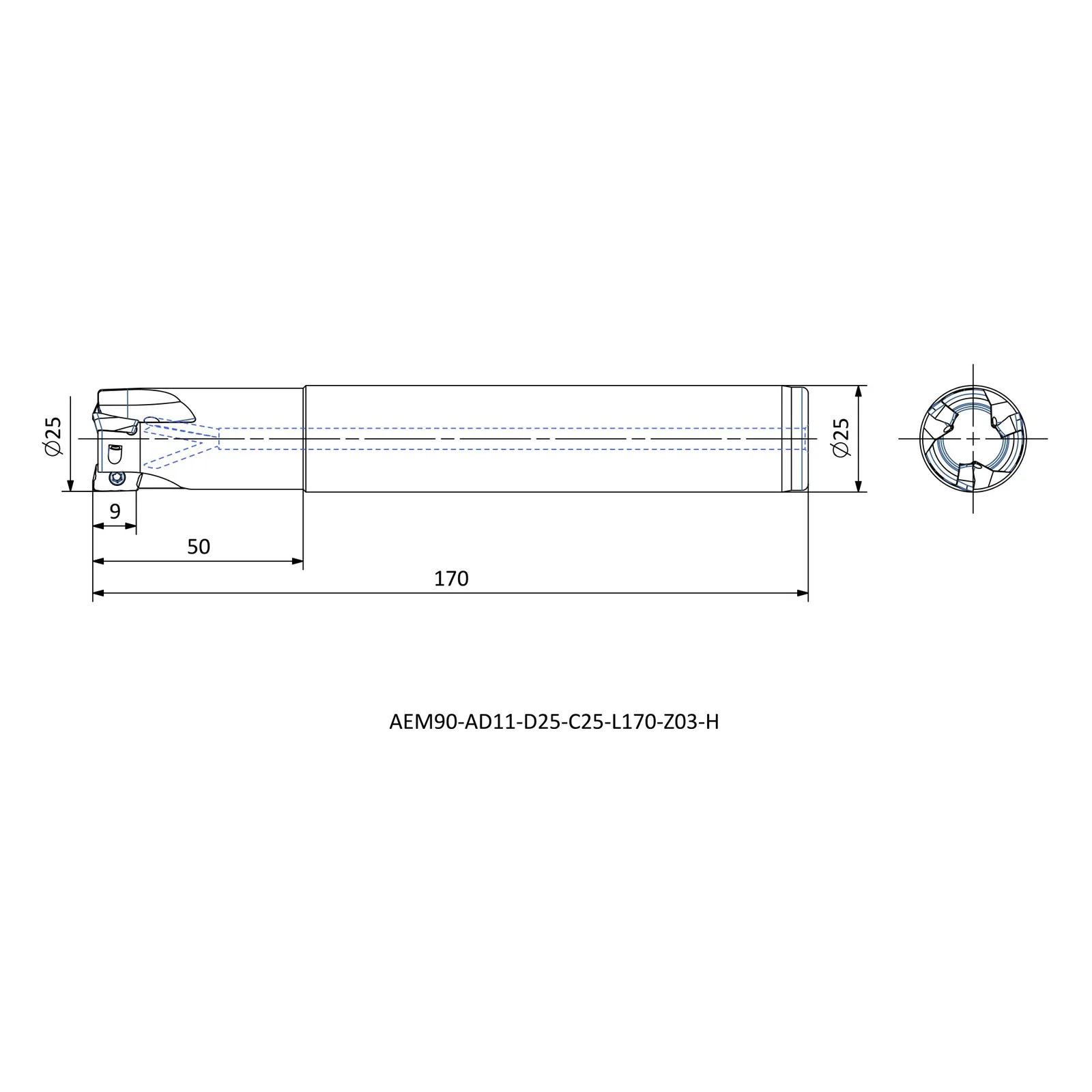 AEM90-AD11-D25-C25-L170-Z03-H &mdash; dimensioned drawing