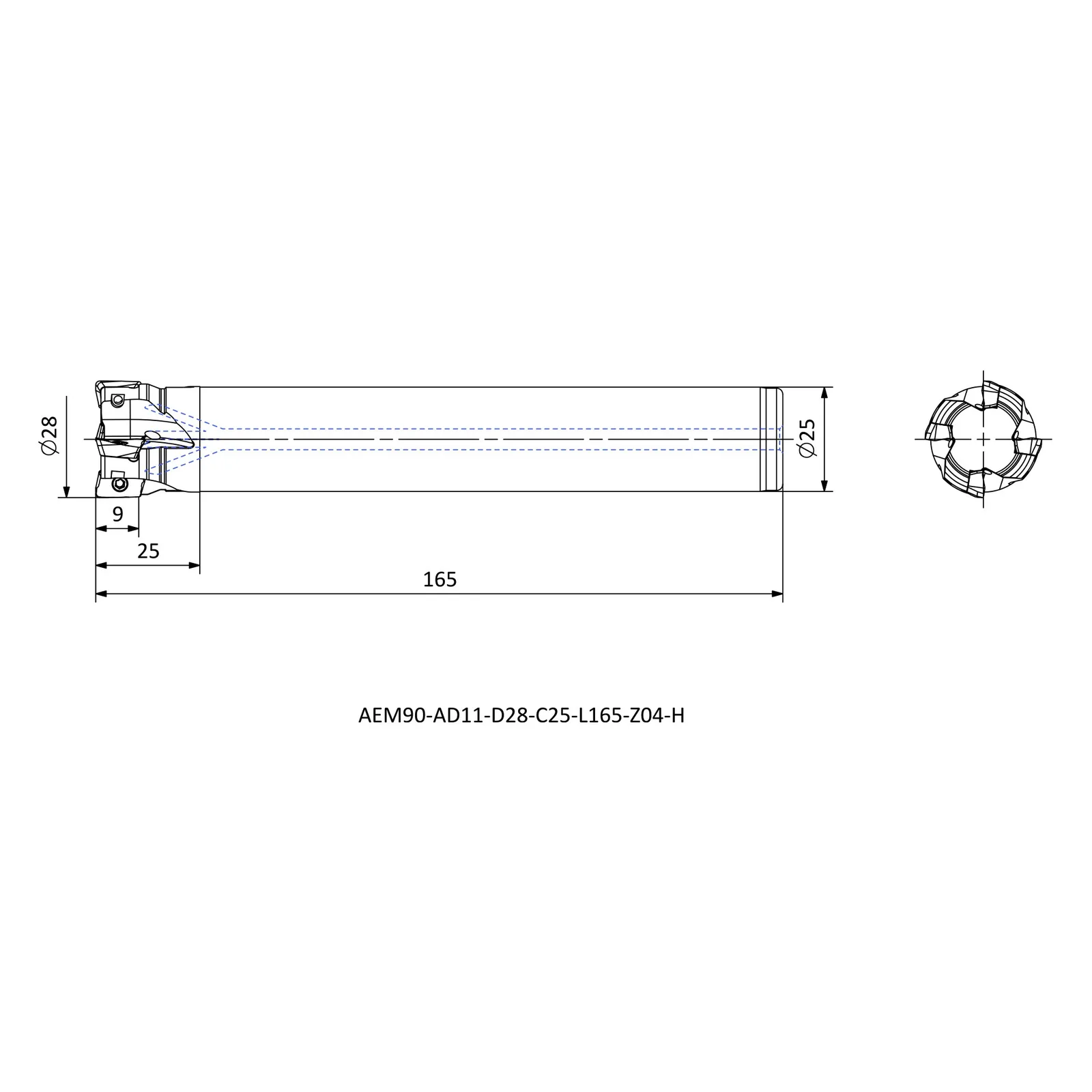 AEM90-AD11-D28-C25-L165-Z04-H &mdash; dimensioned drawing