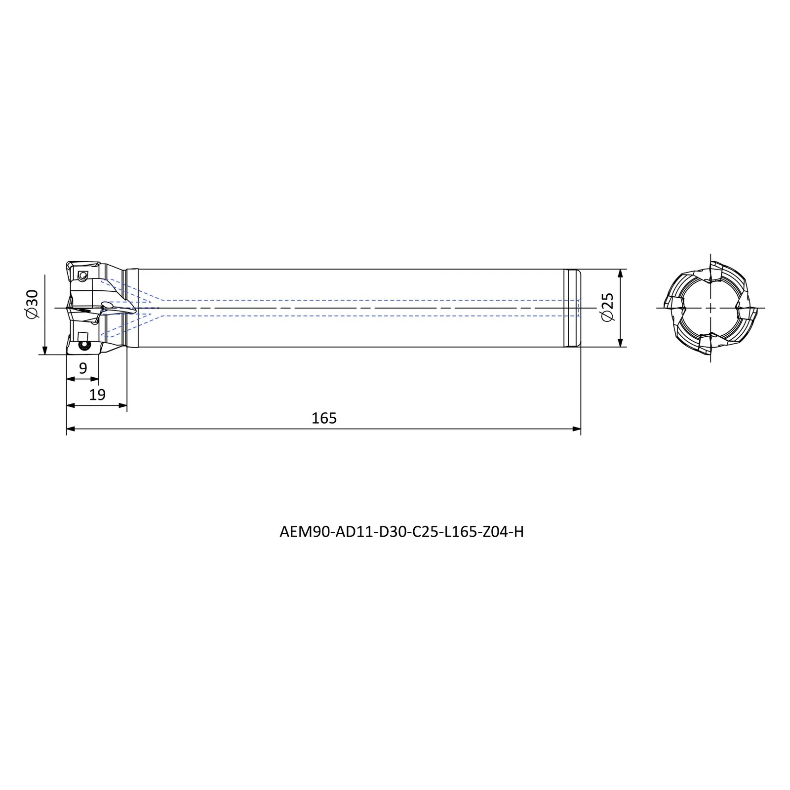 AEM90-AD11-D30-C25-L165-Z04-H &mdash; dimensioned drawing