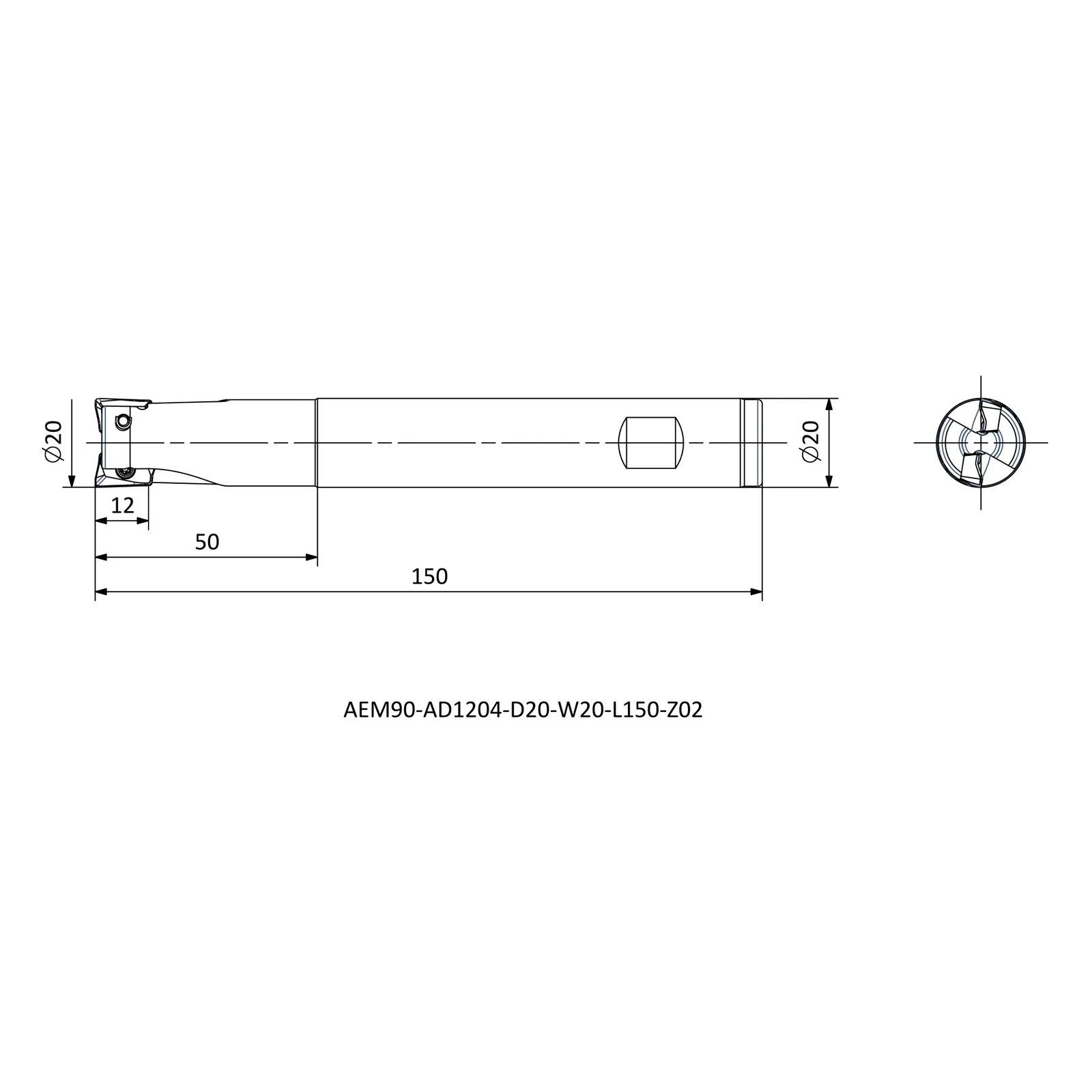 AEM90-AD1204-D20-W20-L150-Z02 &mdash; dimensioned drawing