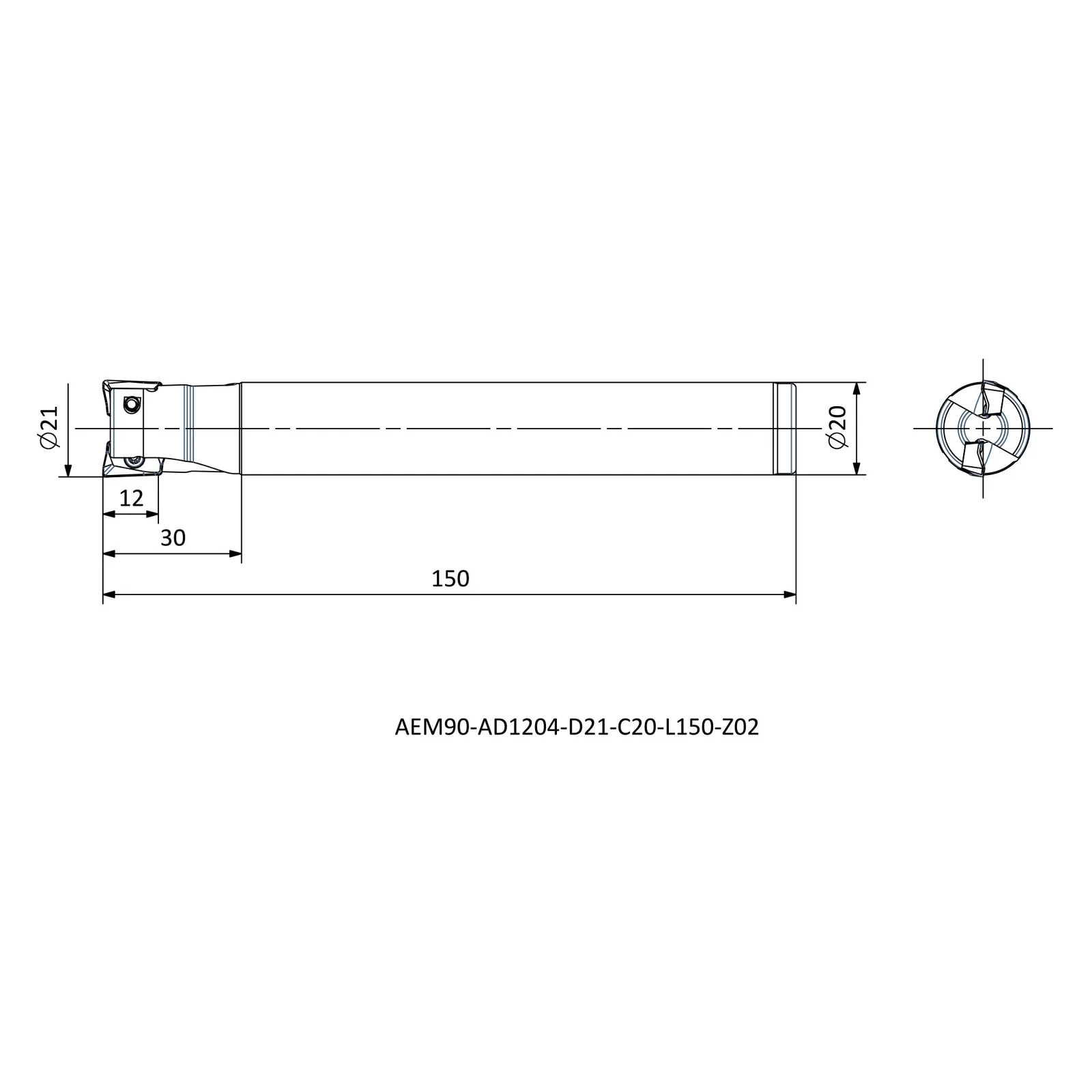 AEM90-AD1204-D21-C20-L150-Z02 &mdash; dimensioned drawing