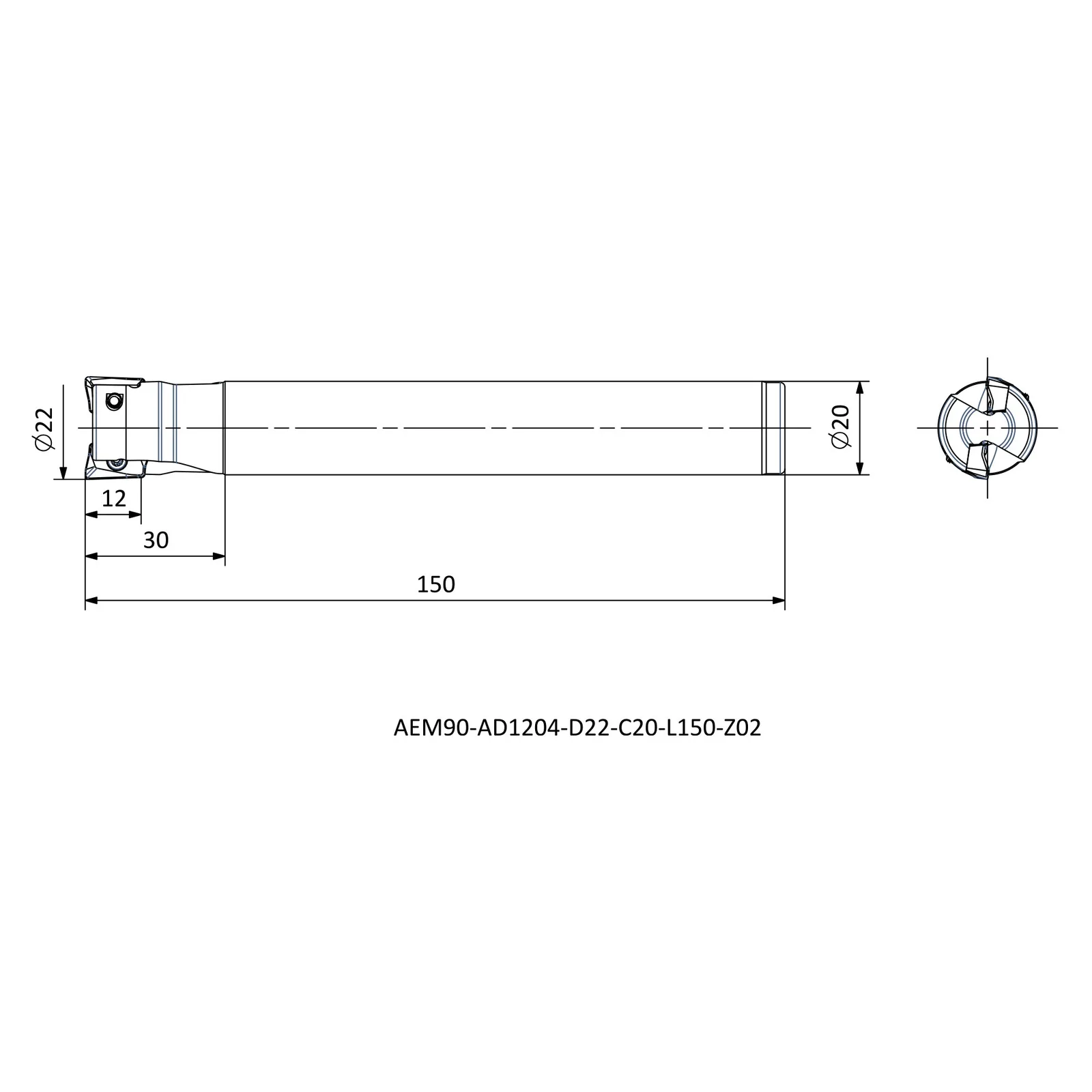 AEM90-AD1204-D22-C20-L150-Z02 &mdash; dimensioned drawing