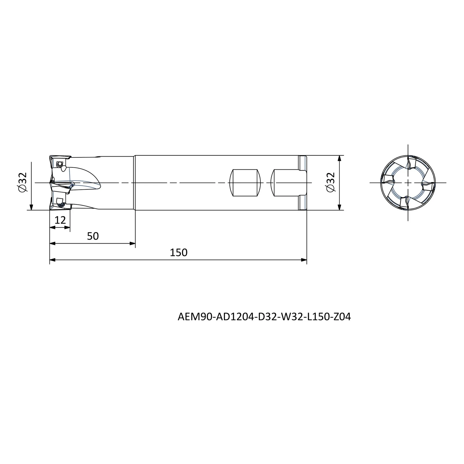 AEM90-AD1204-D32-W32-L150-Z04 &mdash; dimensioned drawing