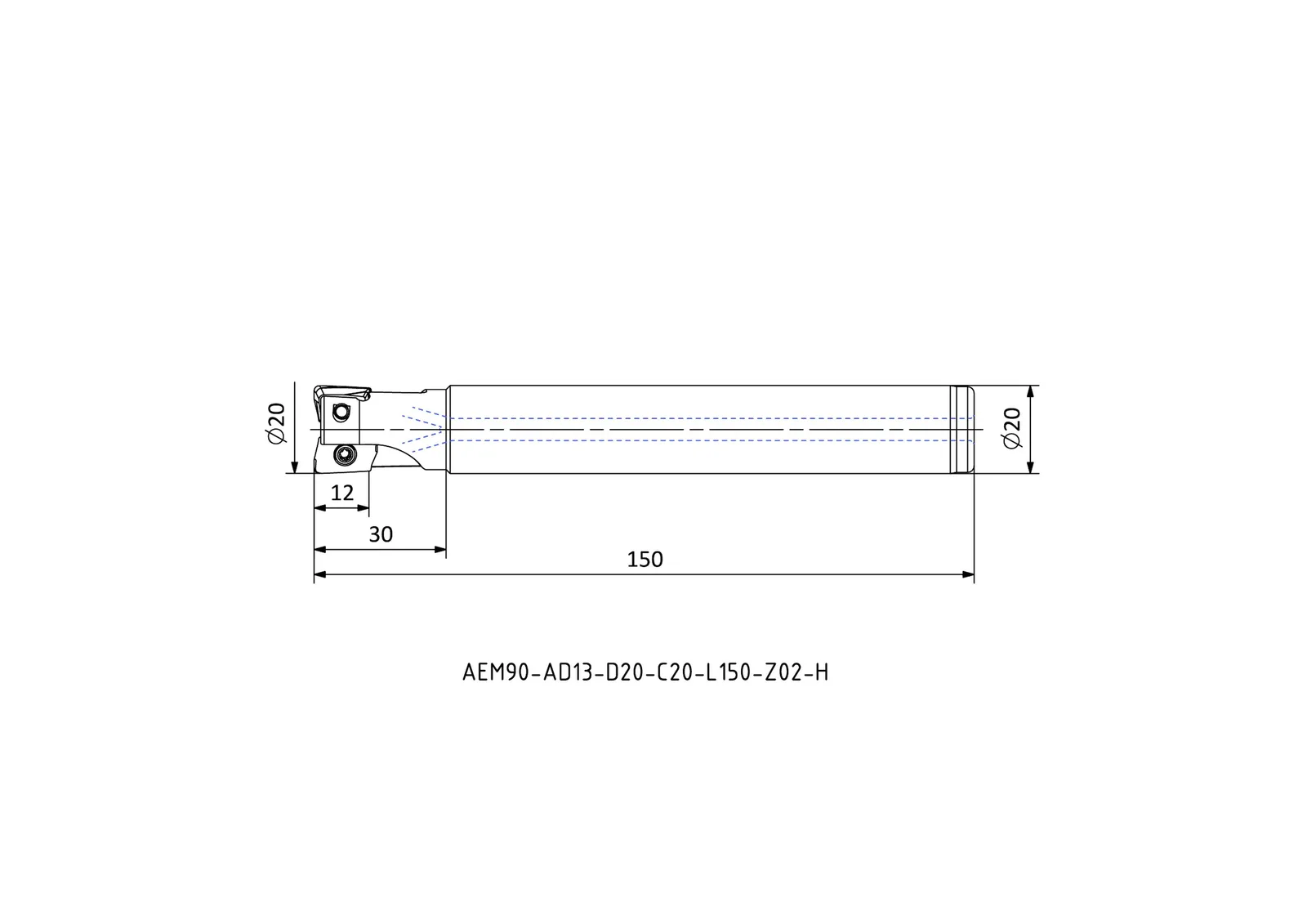 AEM90-AD13-D20-C20-L150-Z02-H &mdash; dimensioned drawing
