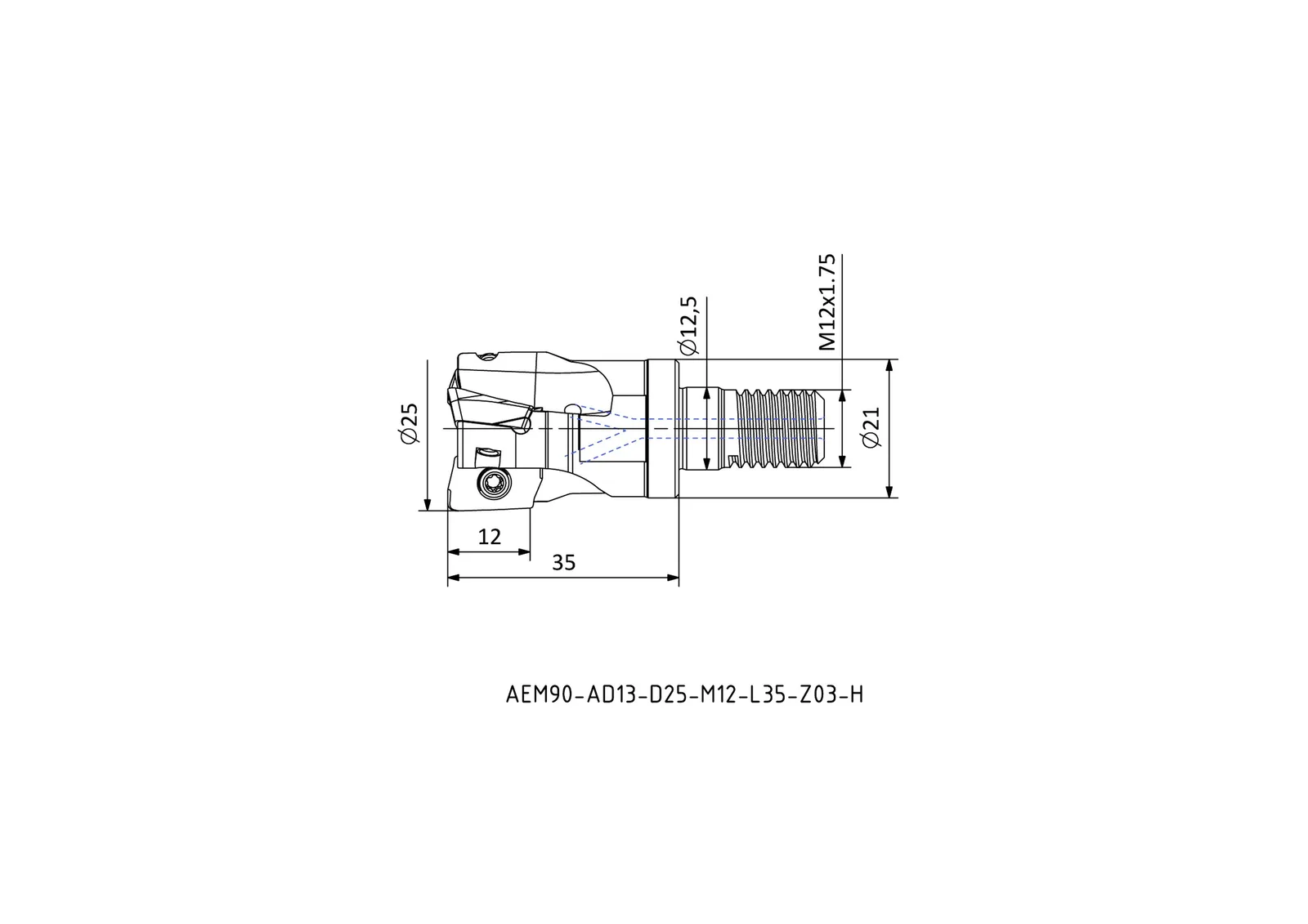 AEM90-AD13-D25-M12-L35-Z03-H &mdash; dimensioned drawing