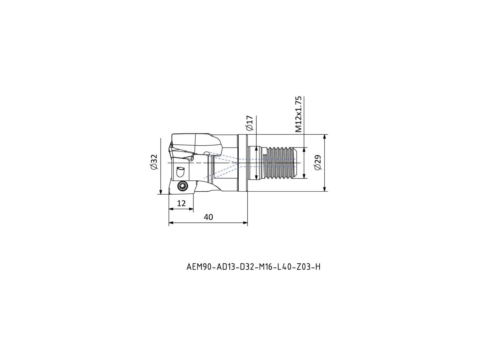 AEM90-AD13-D32-M16-L40-Z03-H &mdash; dimensioned drawing