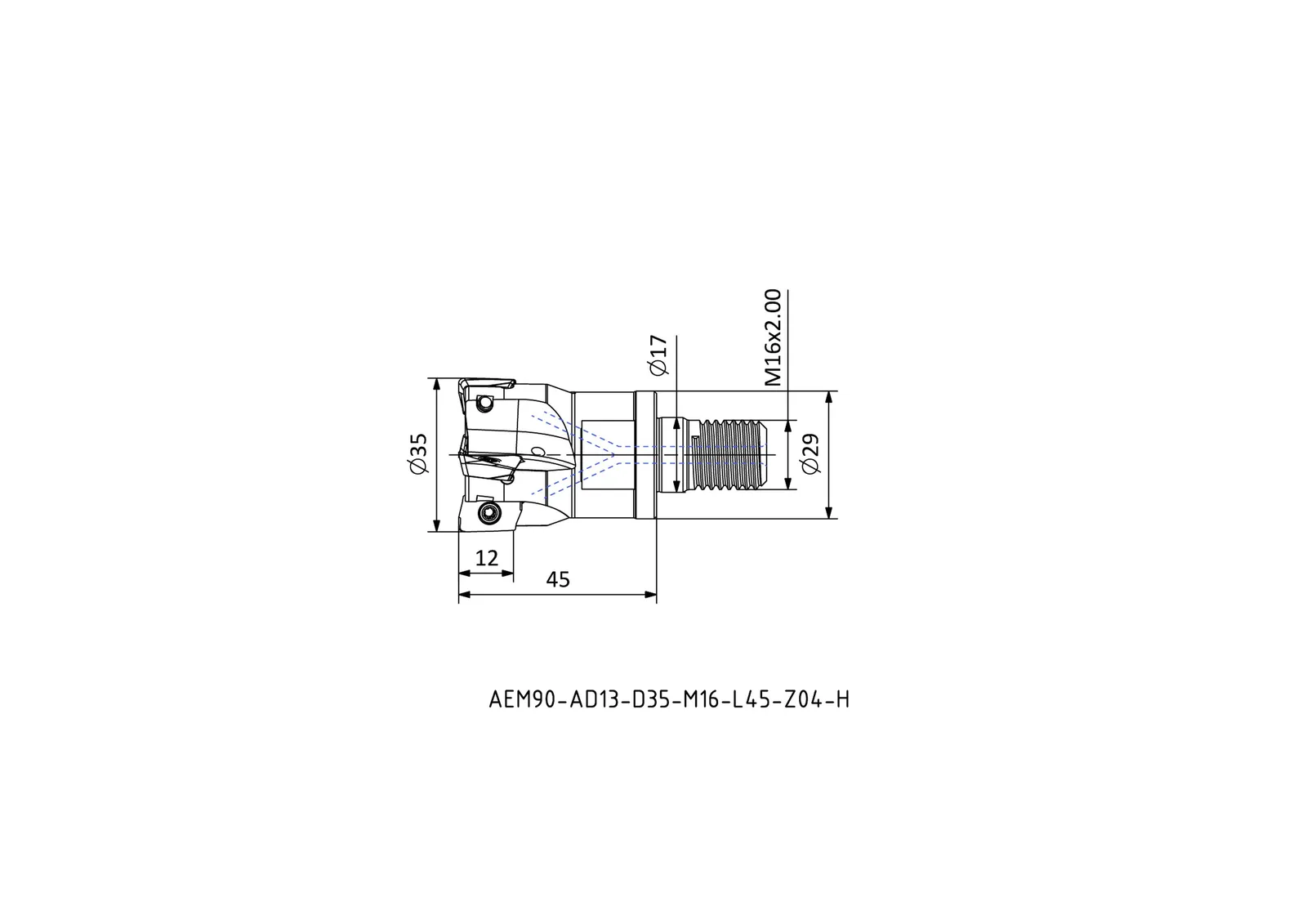AEM90-AD13-D35-M16-L45-Z04-H &mdash; dimensioned drawing