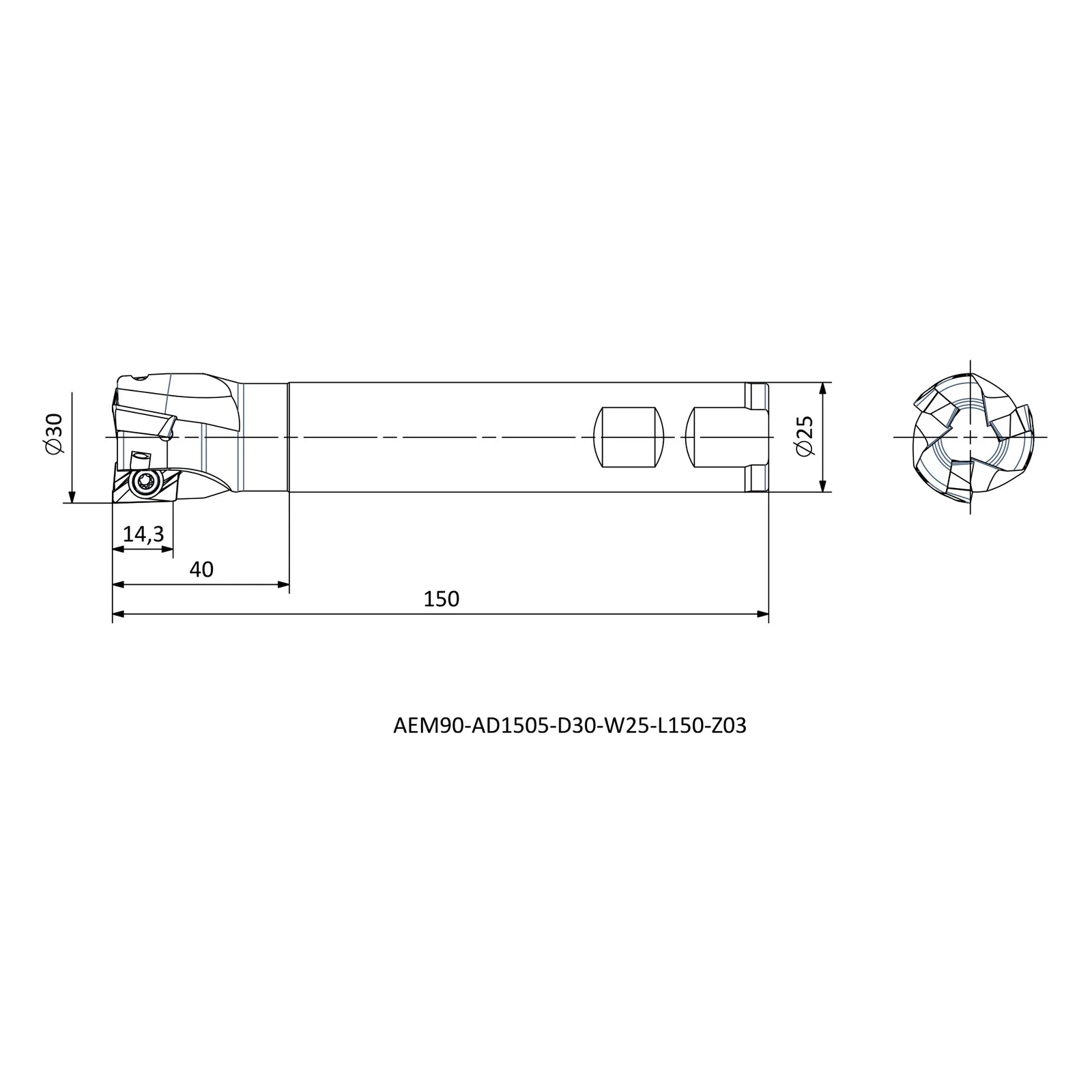 AEM90-AD1505-D30-W25-L150-Z03 &mdash; dimensioned drawing