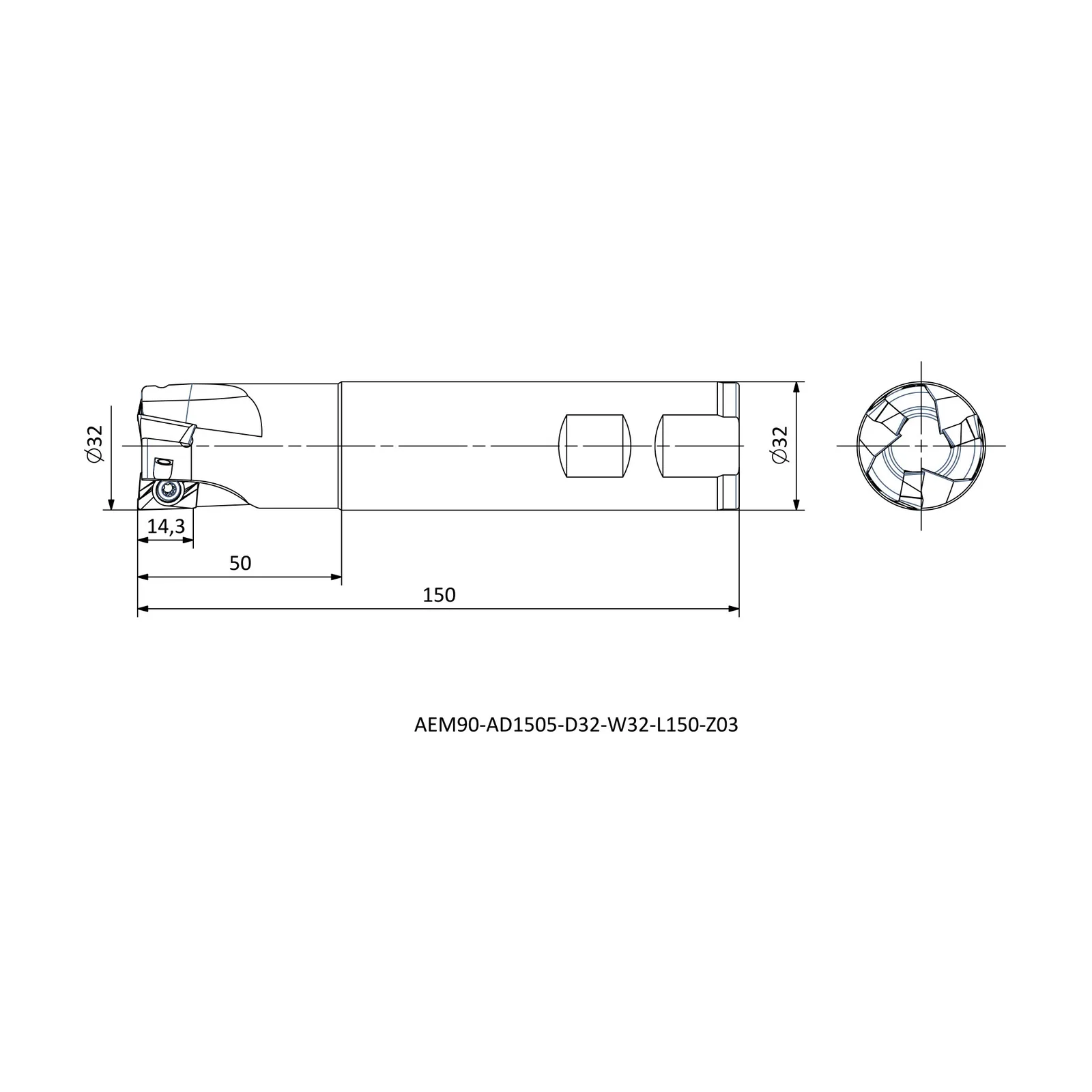 AEM90-AD1505-D32-W32-L150-Z03 &mdash; dimensioned drawing