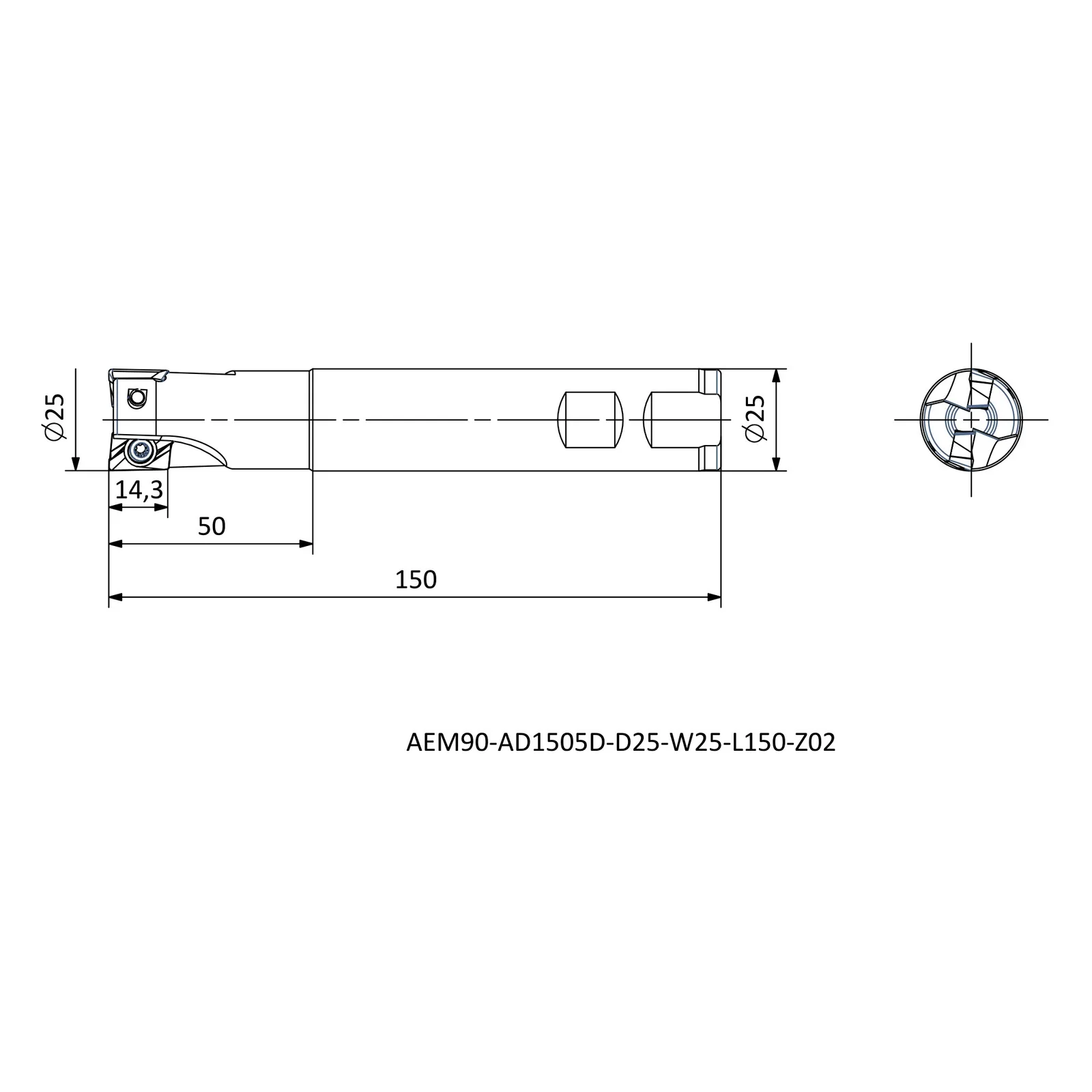 AEM90-AD1505D-D25-W25-L150-Z02 &mdash; dimensioned drawing