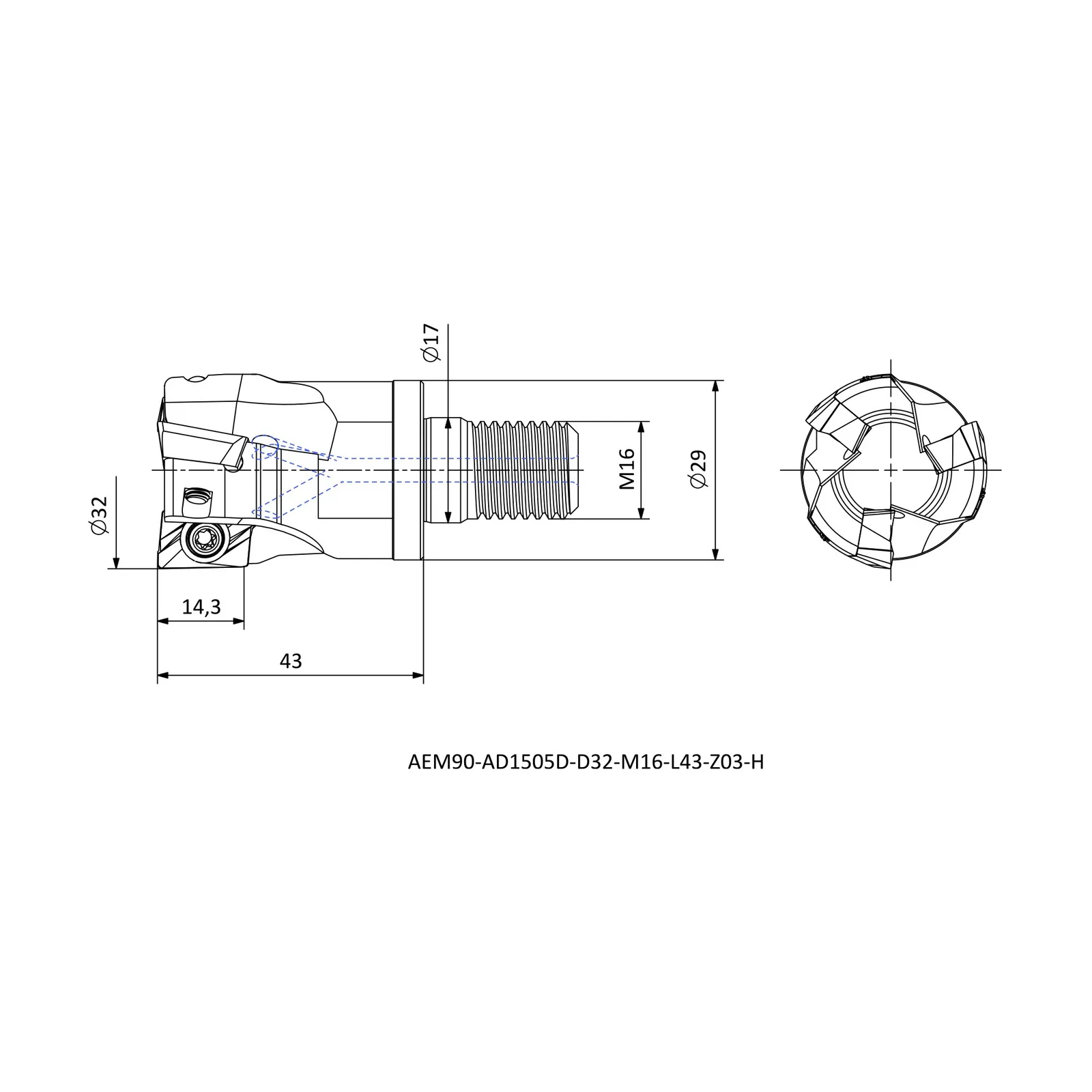 AEM90-AD1505D-D32-M16-L43-Z03-H &mdash; dimensioned drawing
