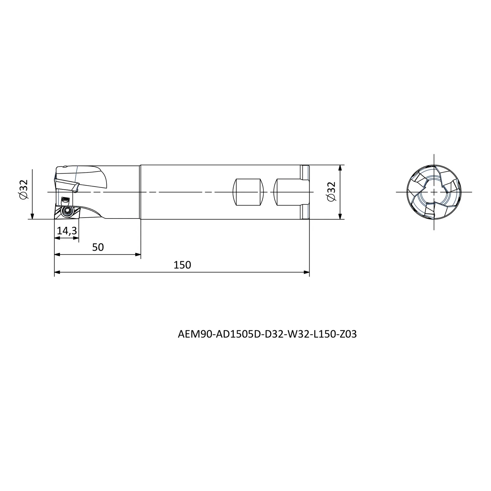 AEM90-AD1505D-D32-W32-L150-Z03 &mdash; dimensioned drawing